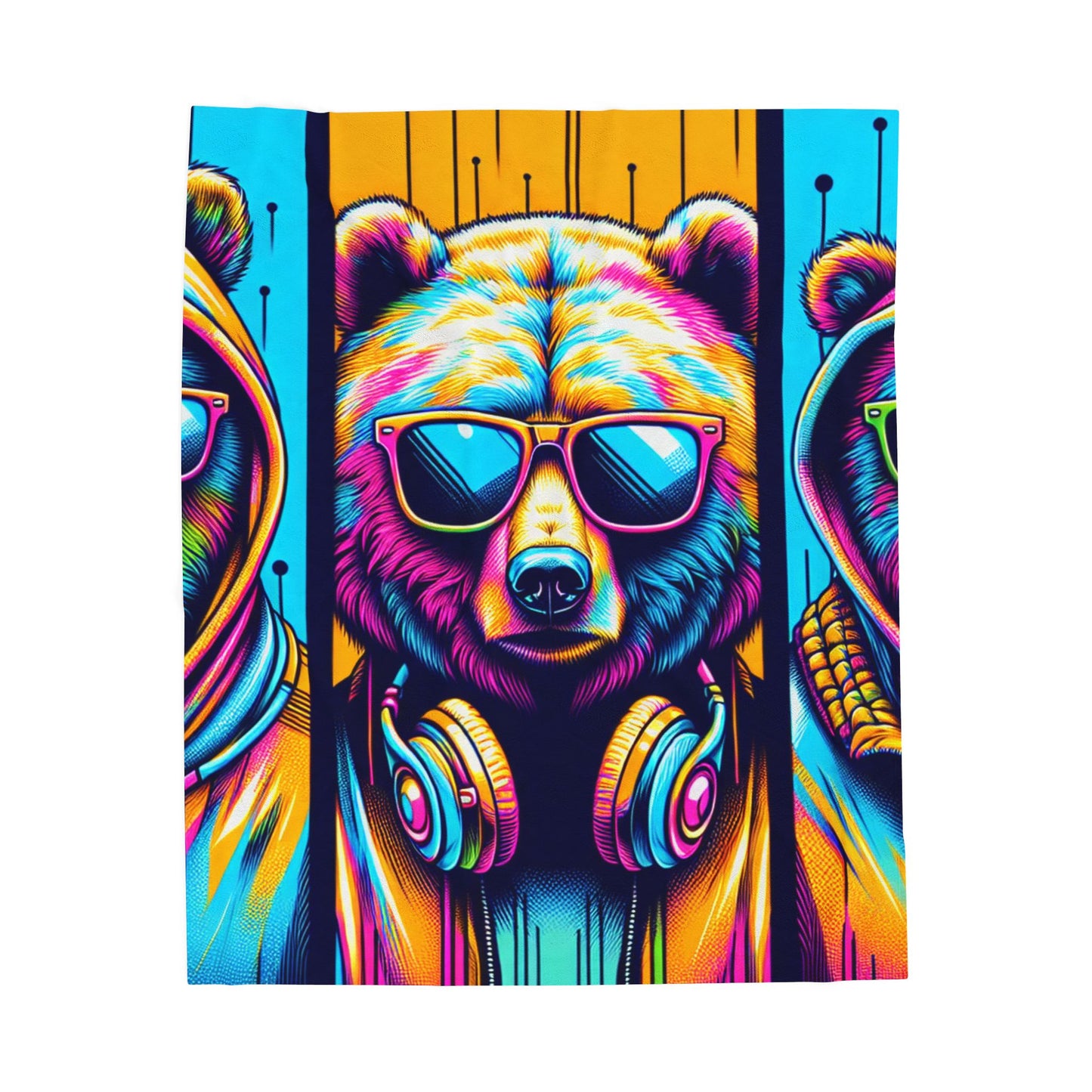 Bear Trio in Neon Attire - Plush Blanket