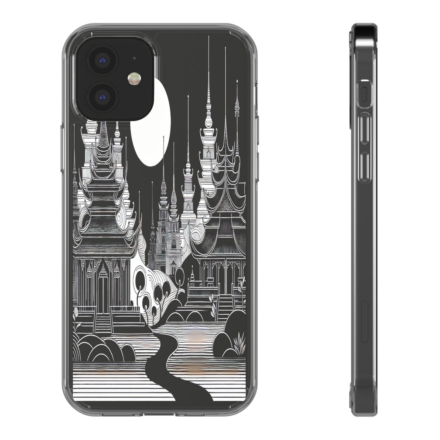 Transparent Temple Silhouette Under Bright Moon Iphone Case Compatible With Iphone 16 15 14 - Clear Phone Cover