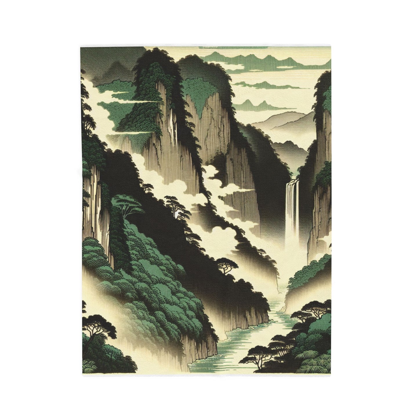 Majestic Cliffs and Waterfall Scene - Plush Blanket