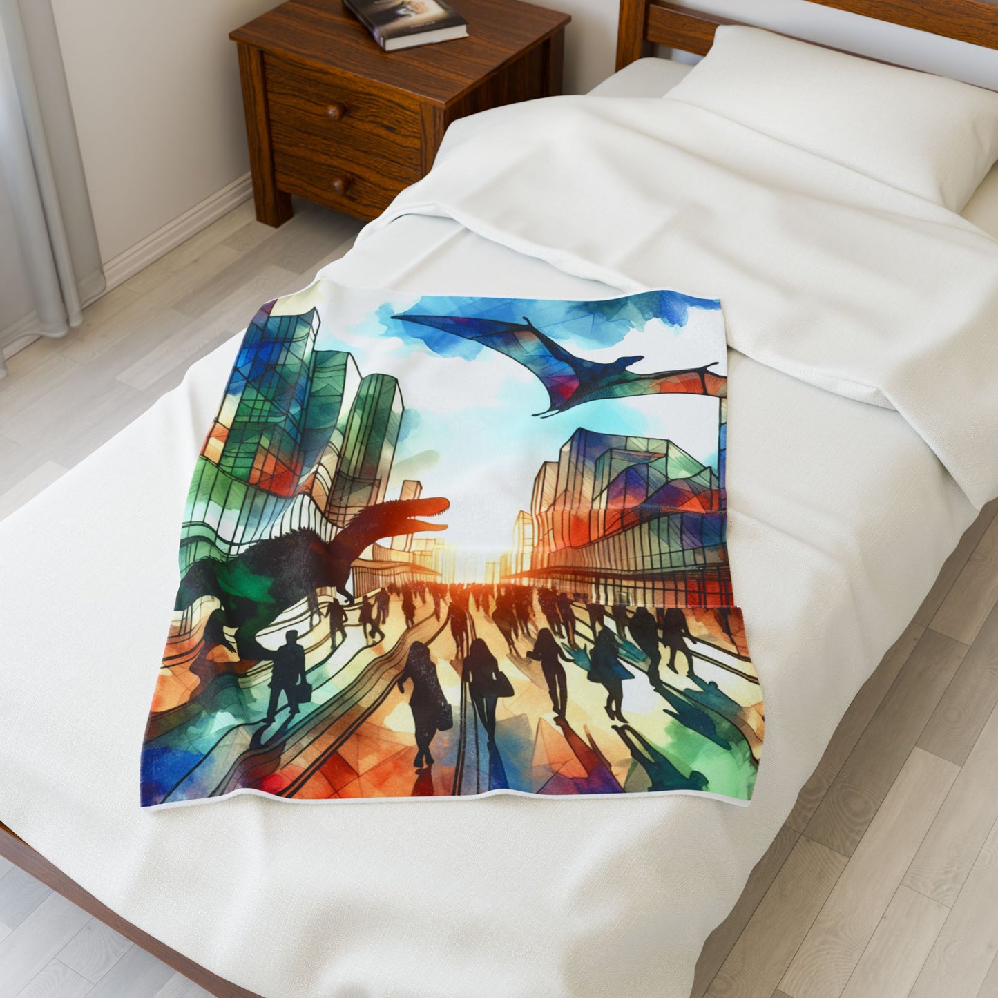 Dinosaurs Roam the Modern Streets - Plush Blanket