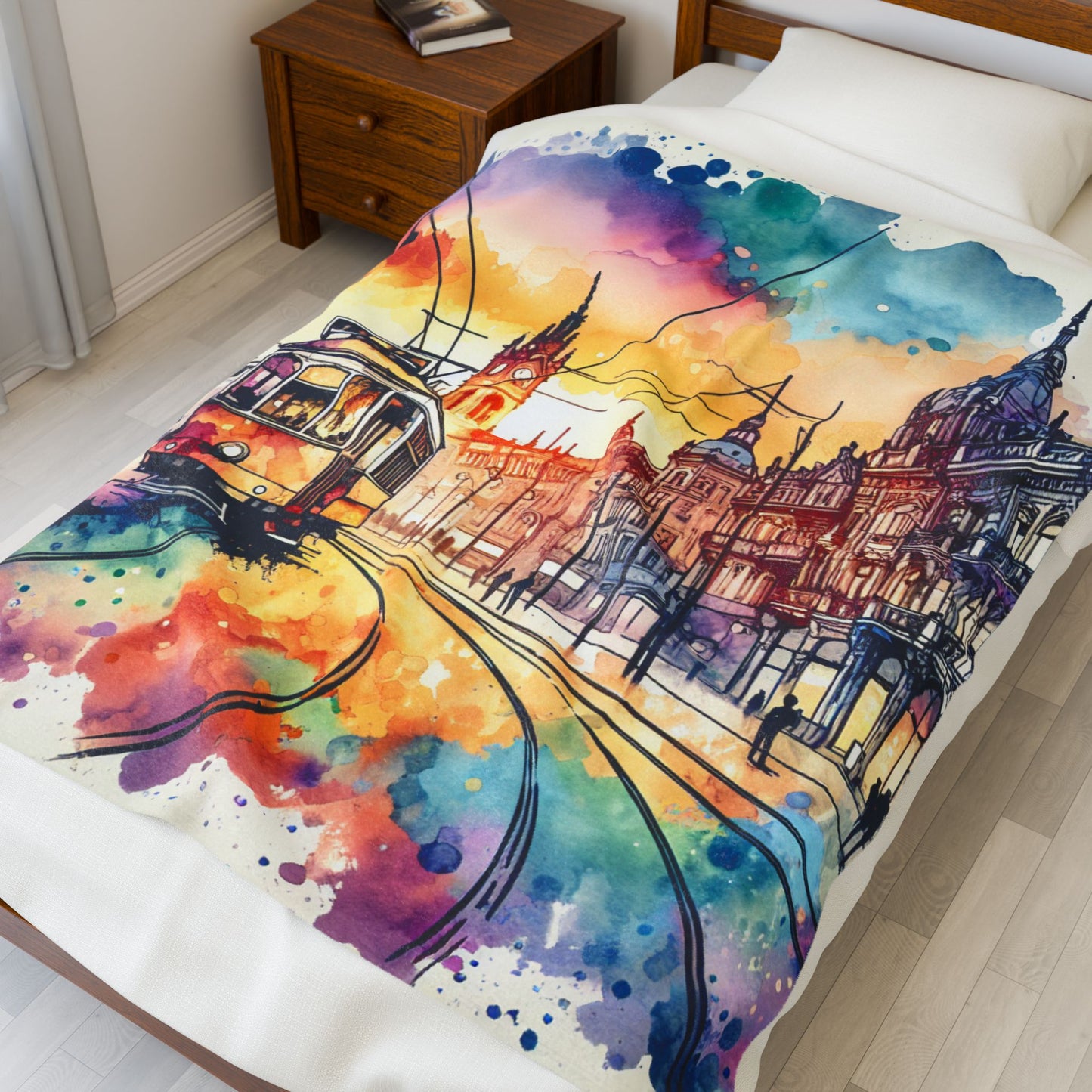 Tramway Journey Through Artistic Streets - Plush Blanket