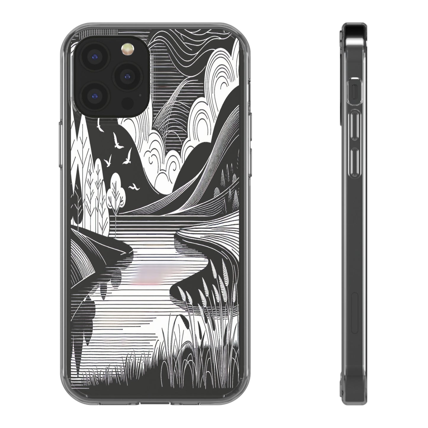 Transparent Black and White Landscape Illustration Iphone Case Compatible With Iphone 16 15 14 - Clear Phone Cover