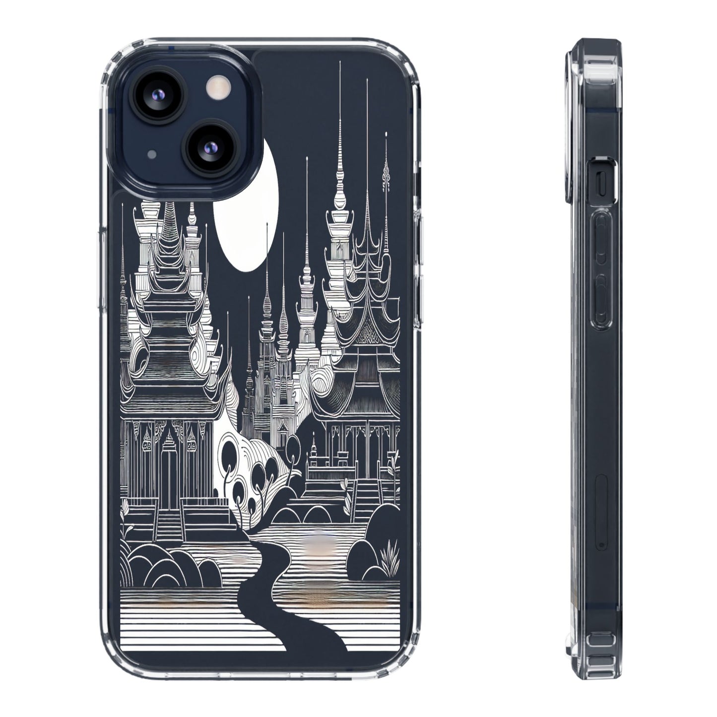 Transparent Temple Silhouette Under Bright Moon Iphone Case Compatible With Iphone 16 15 14 - Clear Phone Cover