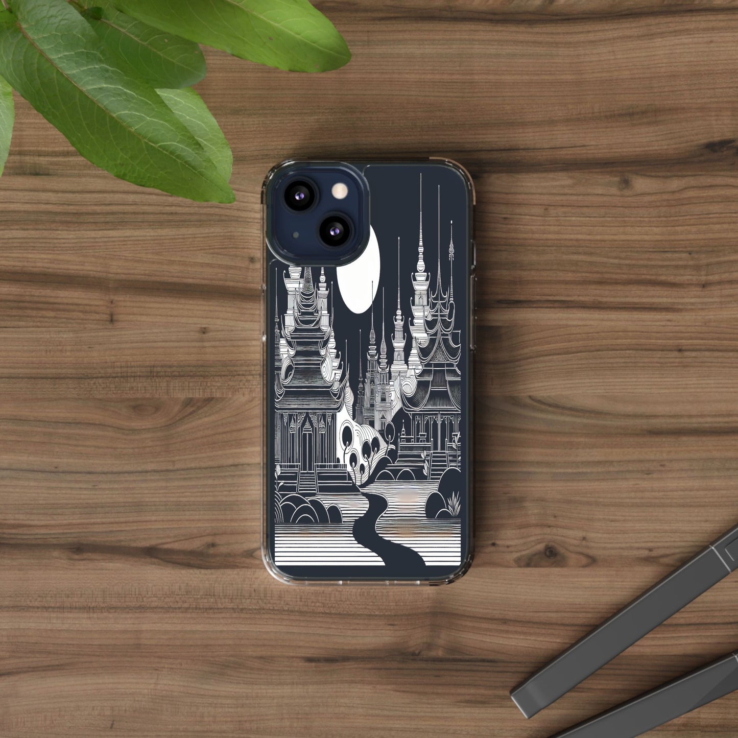 Transparent Temple Silhouette Under Bright Moon Iphone Case Compatible With Iphone 16 15 14 - Clear Phone Cover