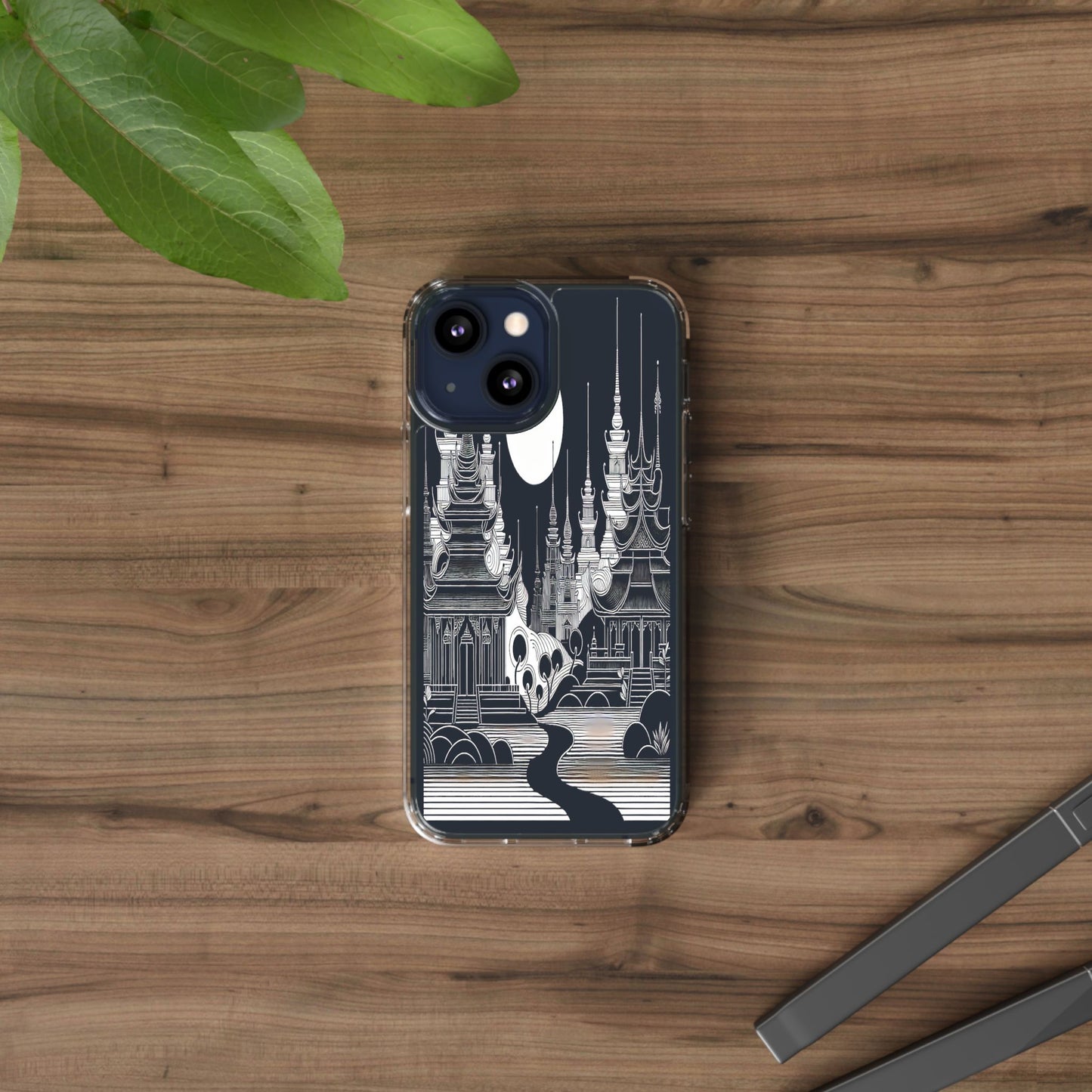 Transparent Temple Silhouette Under Bright Moon Iphone Case Compatible With Iphone 16 15 14 - Clear Phone Cover