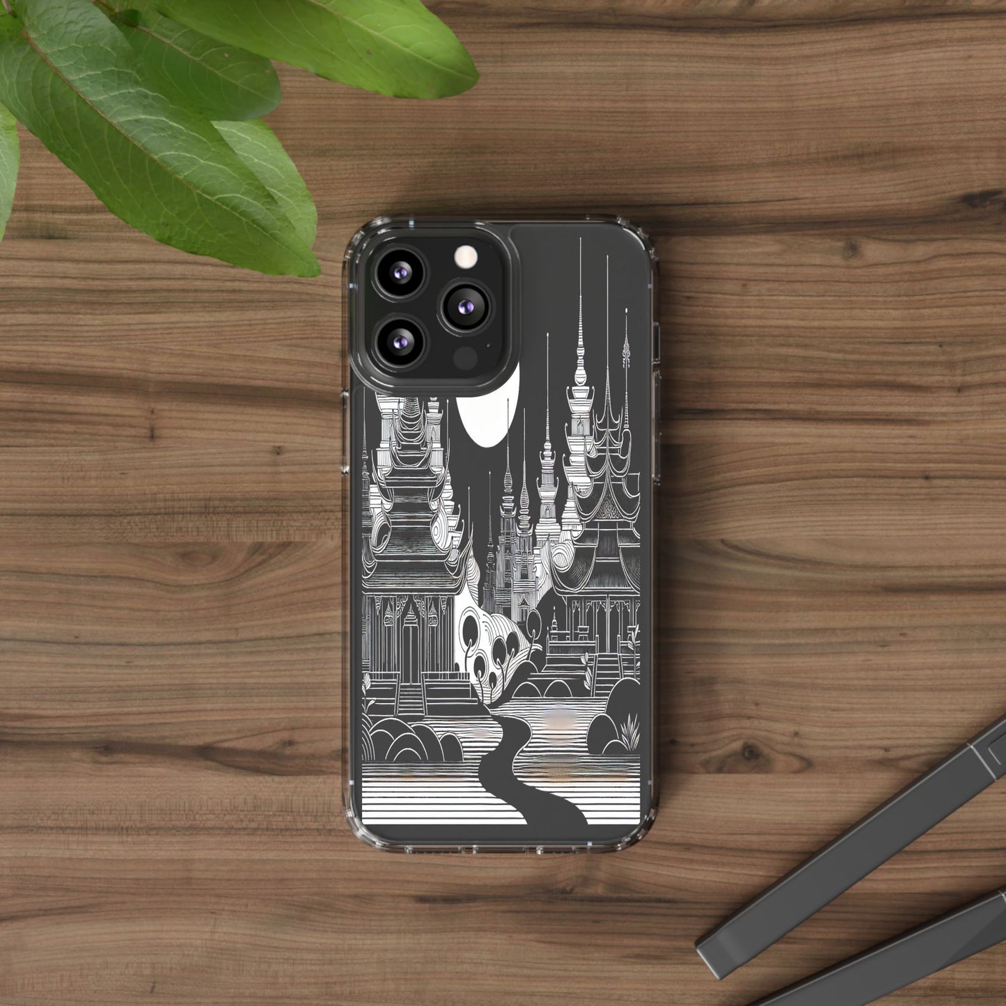 Transparent Temple Silhouette Under Bright Moon Iphone Case Compatible With Iphone 16 15 14 - Clear Phone Cover