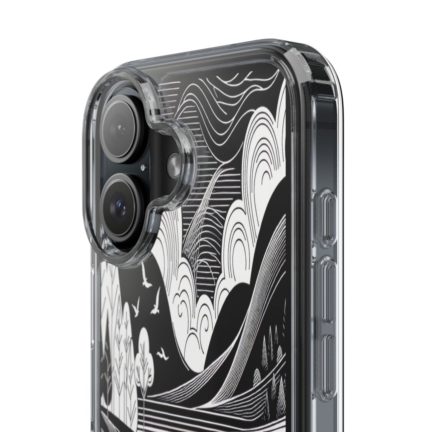 Transparent Black and White Landscape Illustration Iphone Case Compatible With Iphone 16 15 14 - Clear Phone Cover