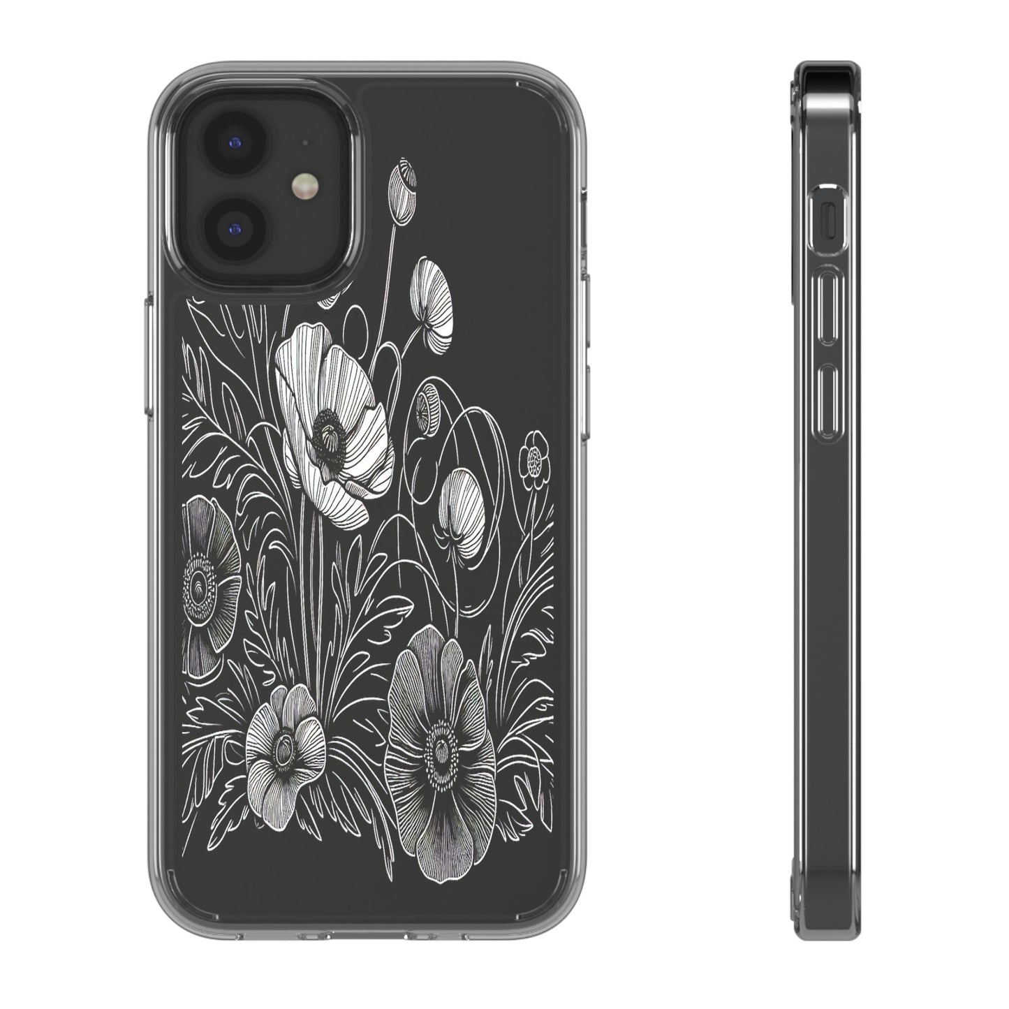 Transparent Black and White Floral Design Iphone Case Compatible With Iphone 16 15 14 - Clear Phone Cover