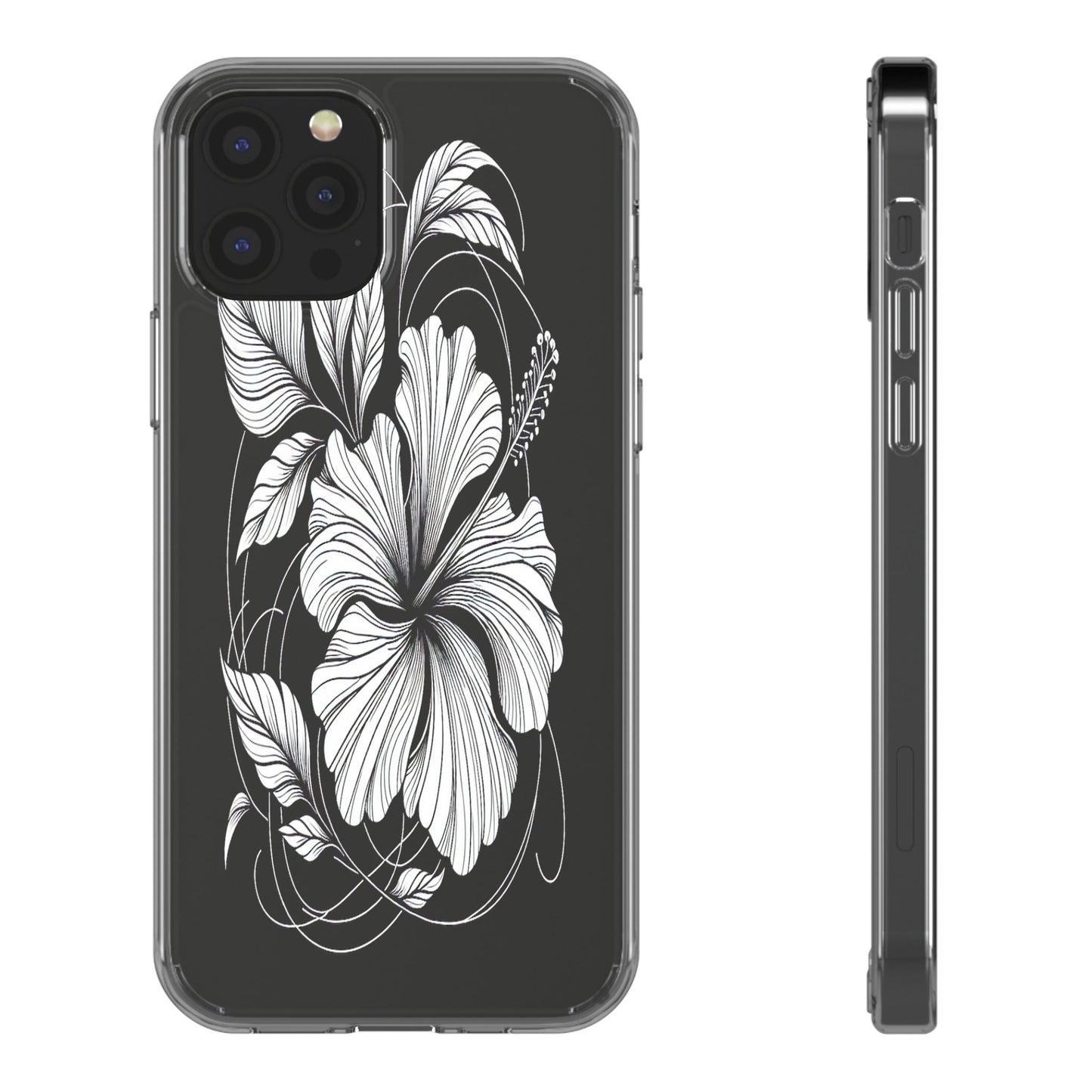 Transparent Hibiscus Design in Black and White Iphone Case Compatible With Iphone 16 15 14 - Clear Phone Cover