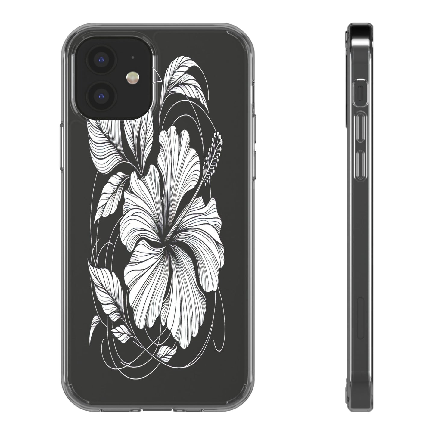 Transparent Hibiscus Design in Black and White Iphone Case Compatible With Iphone 16 15 14 - Clear Phone Cover