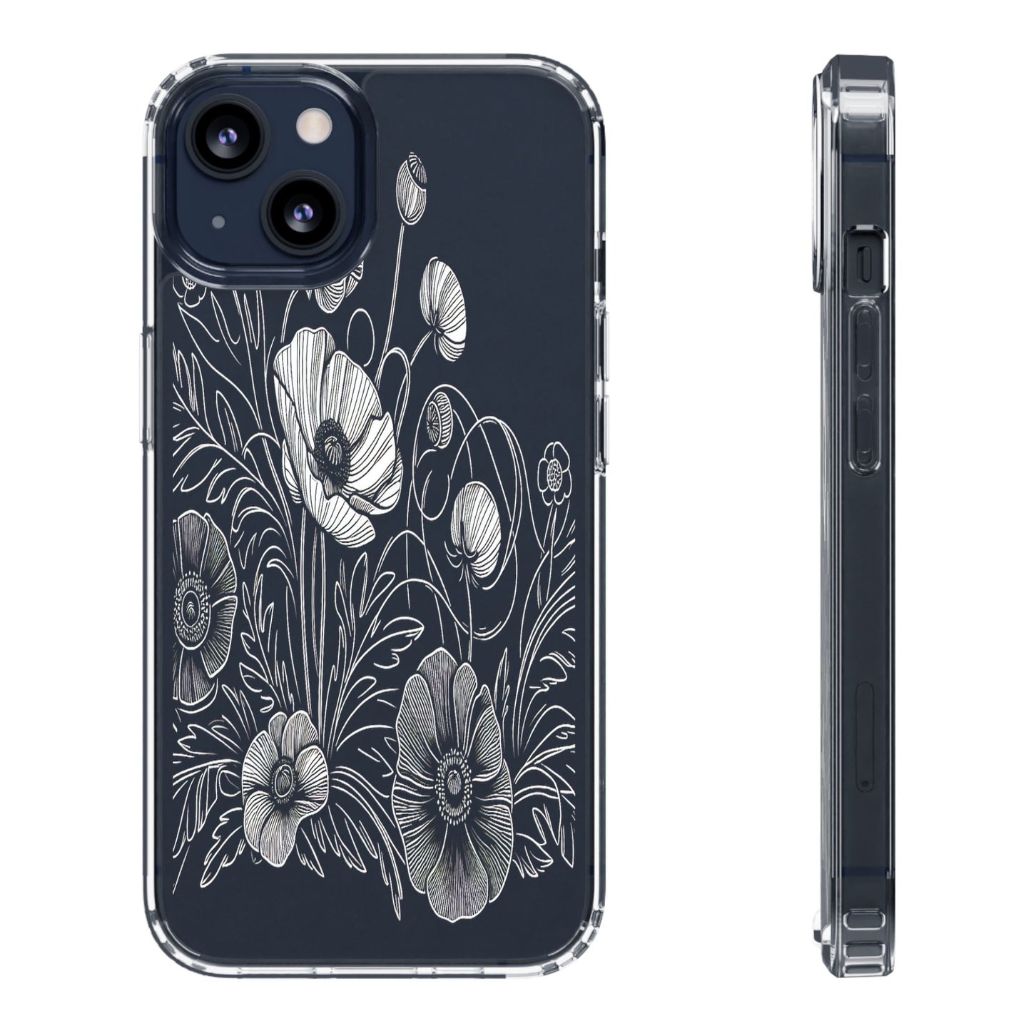 Transparent Black and White Floral Design Iphone Case Compatible With Iphone 16 15 14 - Clear Phone Cover