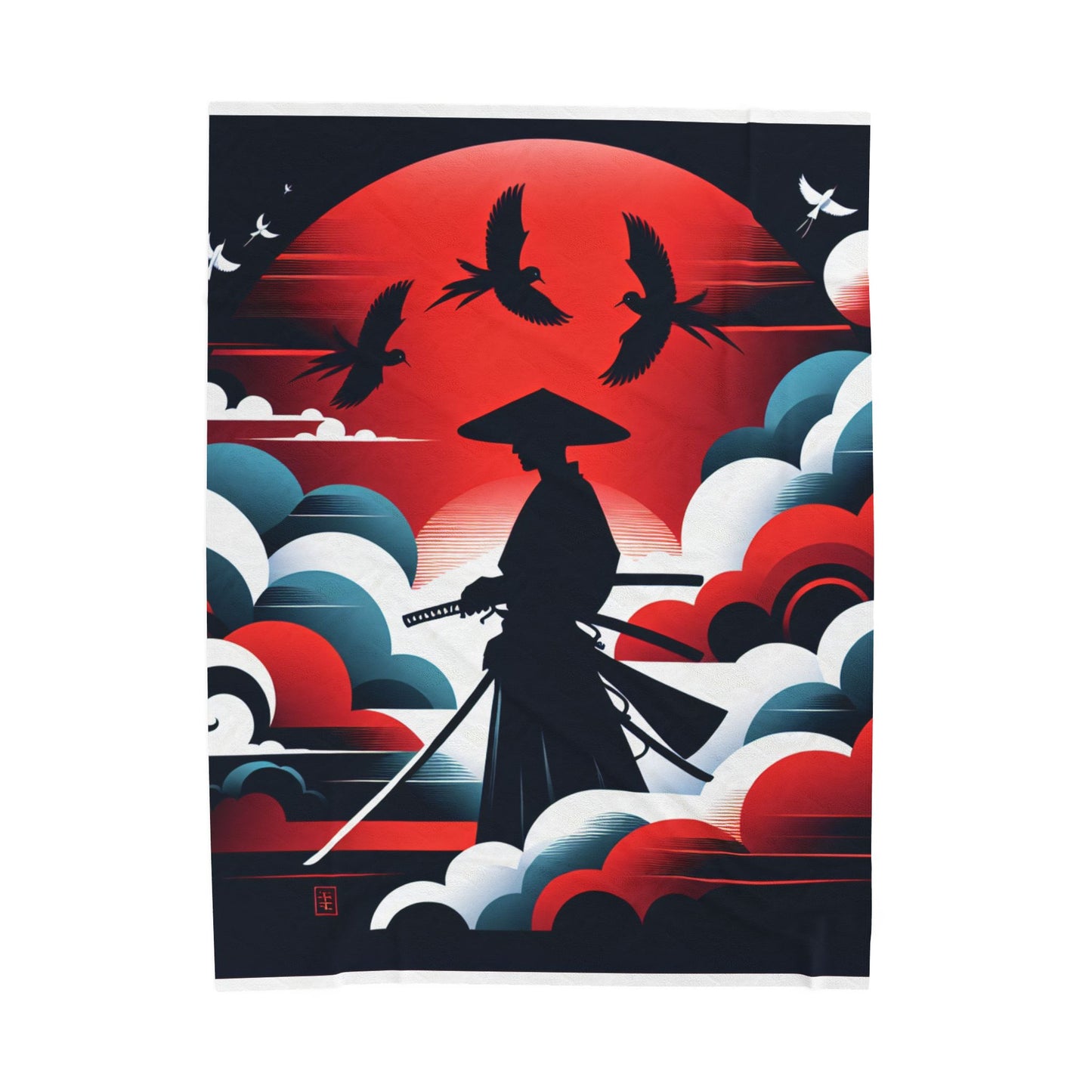 Samurai Under the Red Moon - Plush Blanket