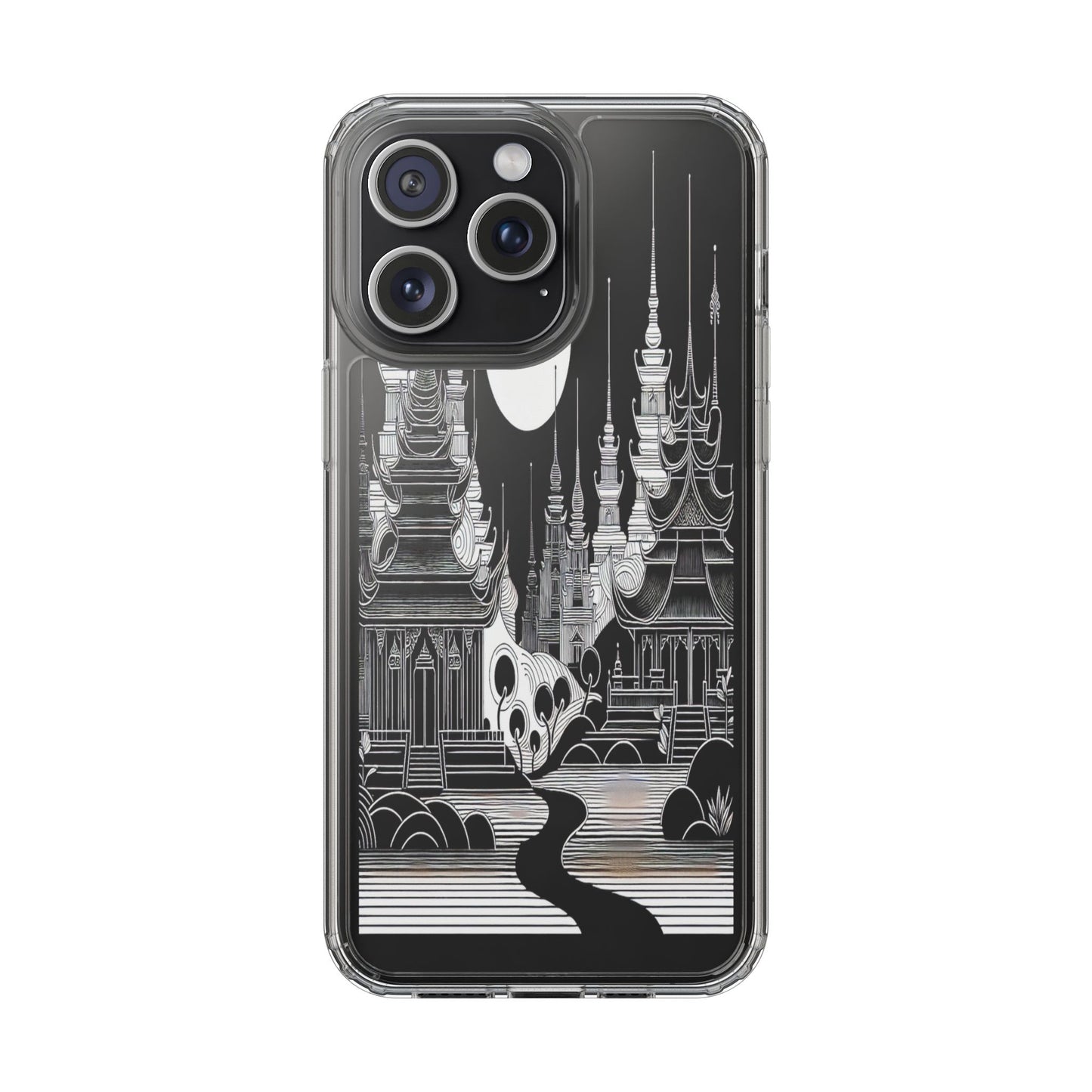 Transparent Temple Silhouette Under Bright Moon Iphone Case Compatible With Iphone 16 15 14 - Clear Phone Cover
