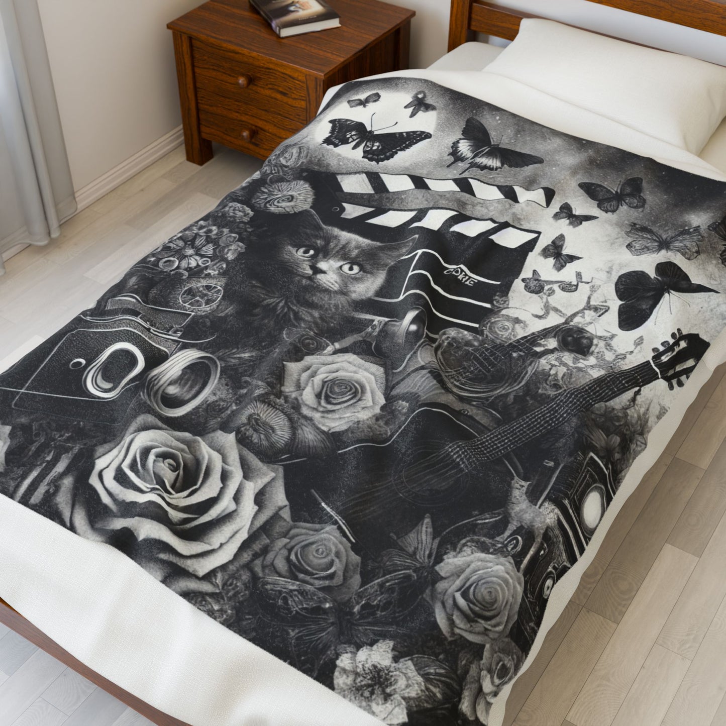 Feline Fantasy and Fluttering Moments - Plush Blanket