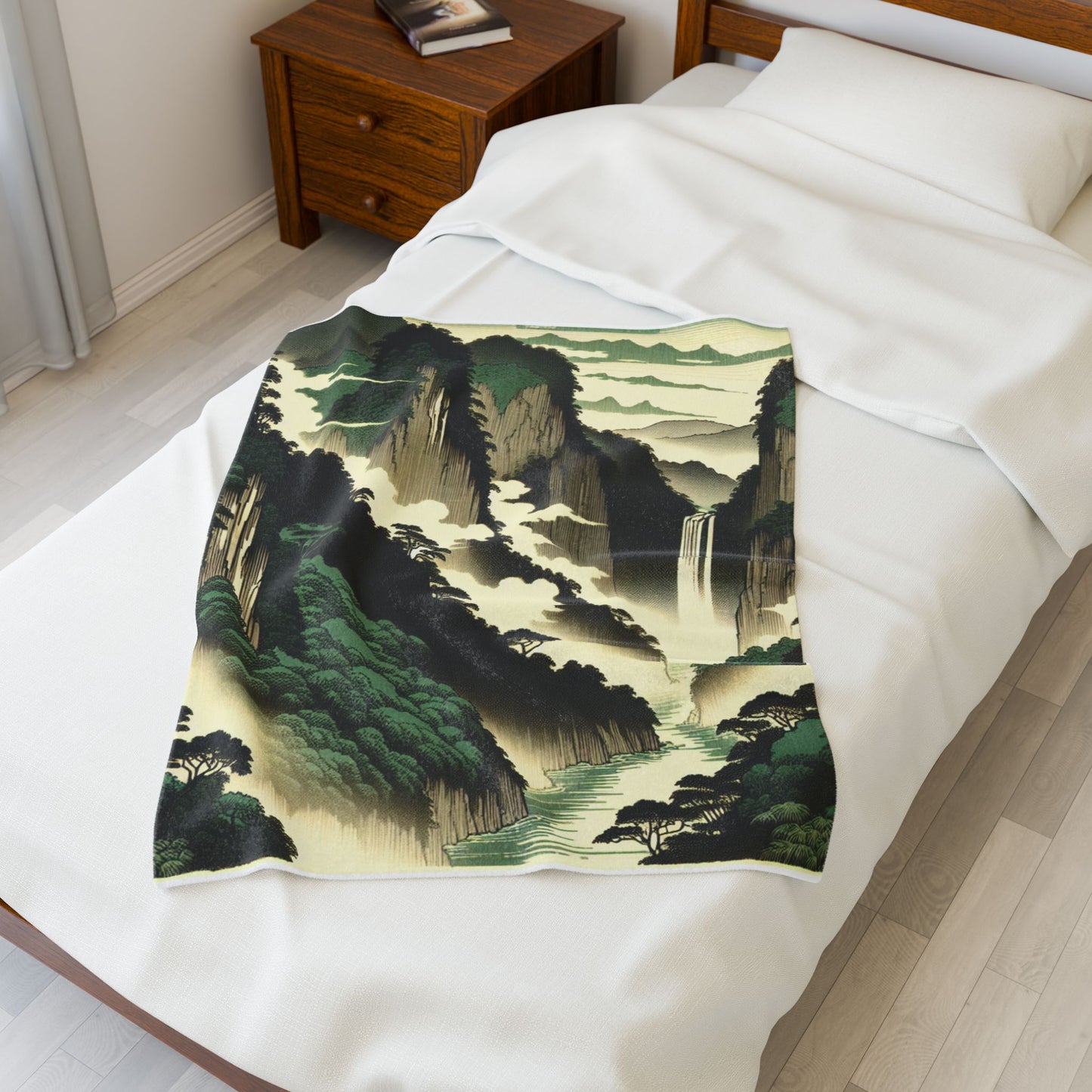 Majestic Cliffs and Waterfall Scene - Plush Blanket