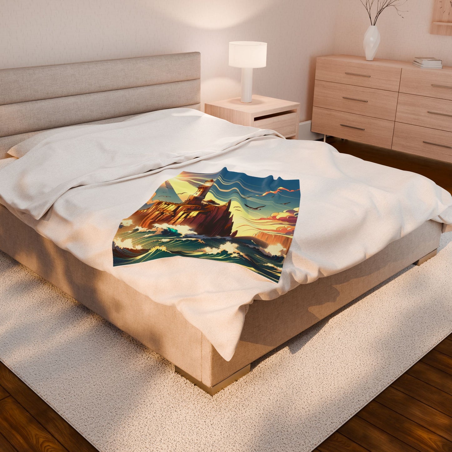 Lighthouse at the Edge of Waves - Plush Blanket