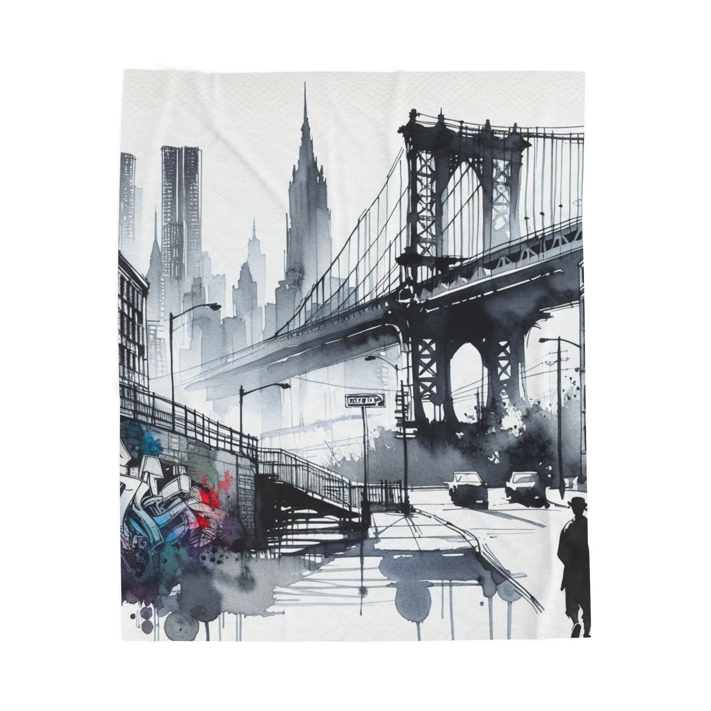 Bridge and Cityscape in Ink and Paint - Plush Blanket