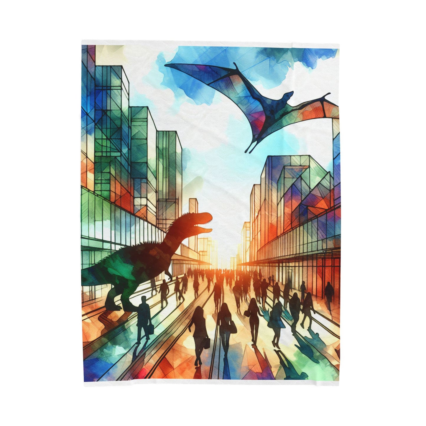 Dinosaurs Roam the Modern Streets - Plush Blanket
