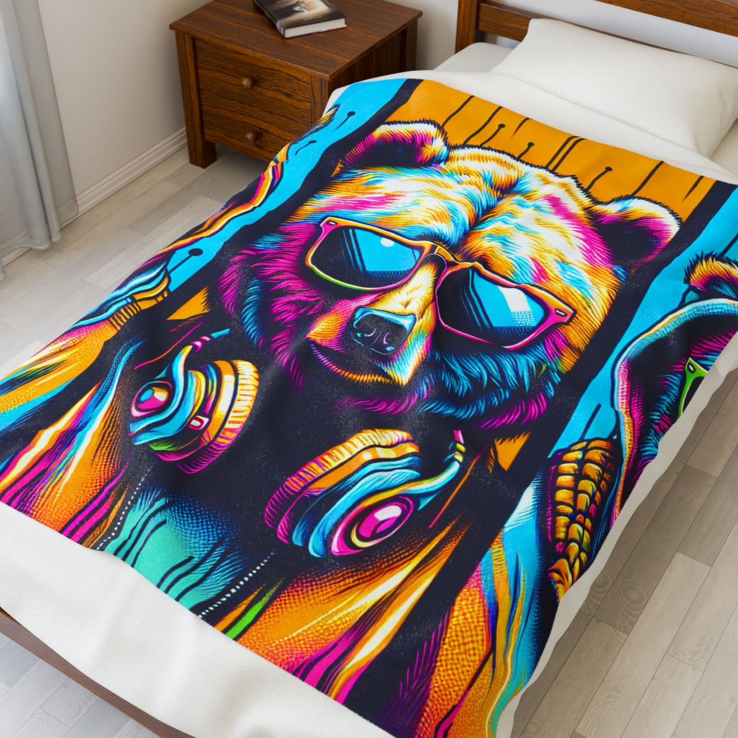 Bear Trio in Neon Attire - Plush Blanket