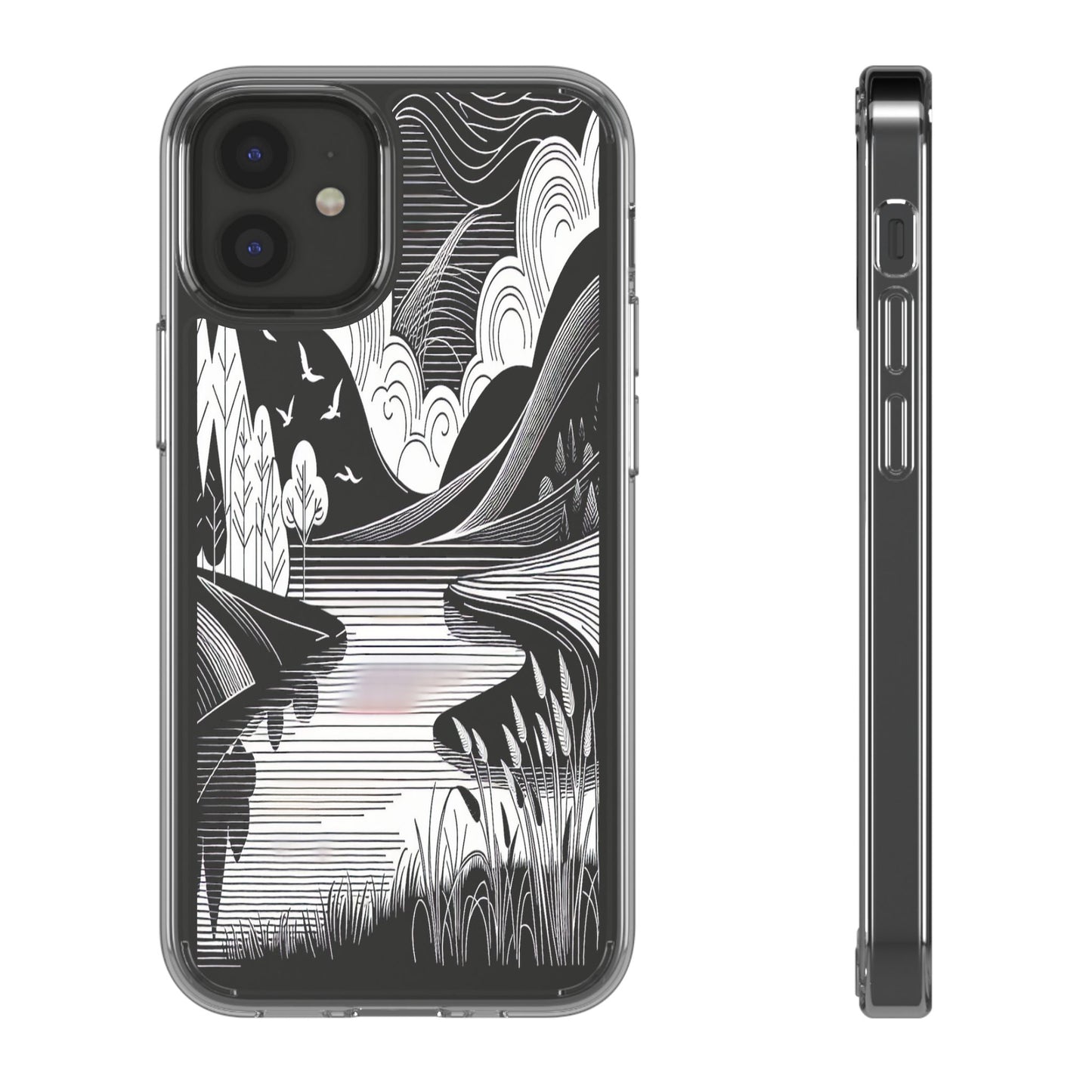 Transparent Black and White Landscape Illustration Iphone Case Compatible With Iphone 16 15 14 - Clear Phone Cover