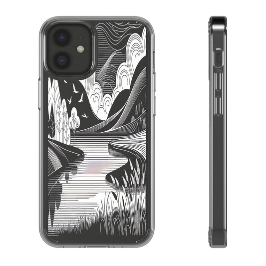 Transparent Black and White Landscape Illustration Iphone Case Compatible With Iphone 16 15 14 - Clear Phone Cover