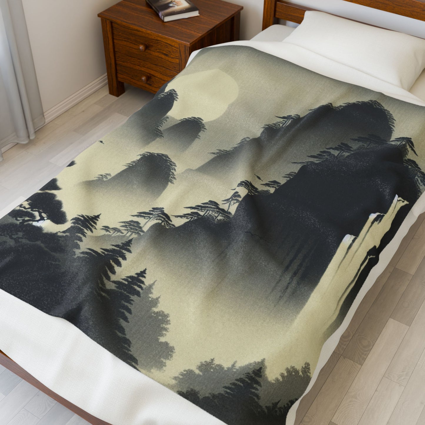Mystical Peaks and Waterfall Scene - Plush Blanket