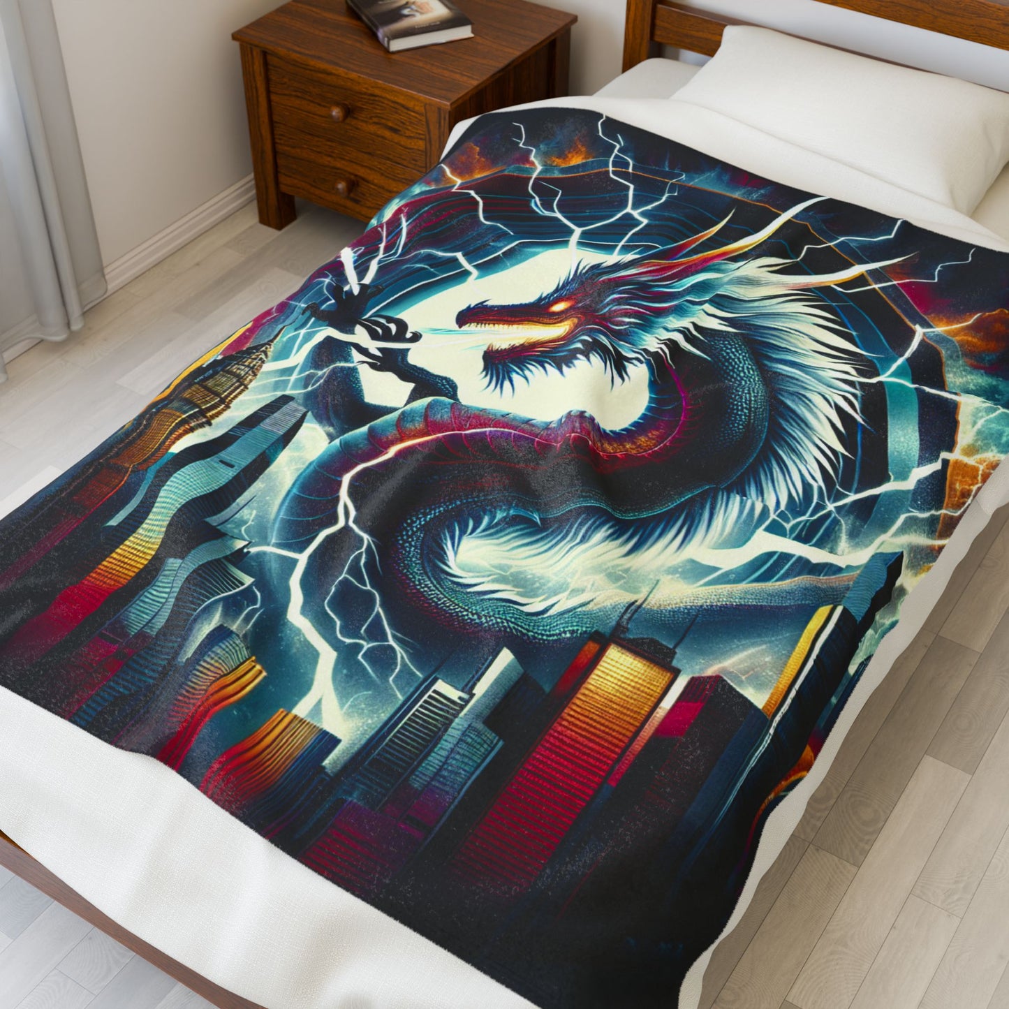 Dragon's Dominion Over Skyscrapers - Plush Blanket