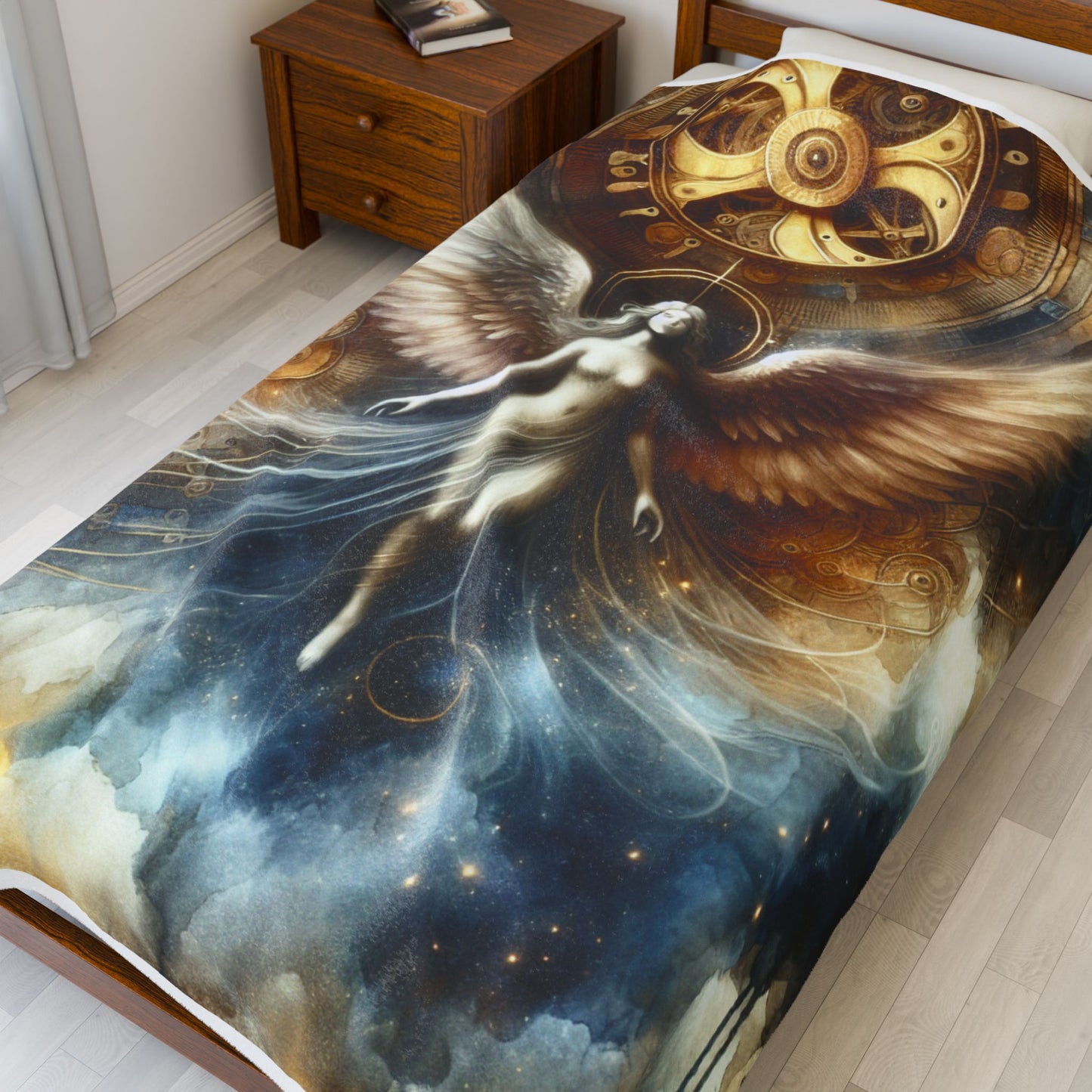 Winged Ascension in Mechanized Realm - Plush Blanket