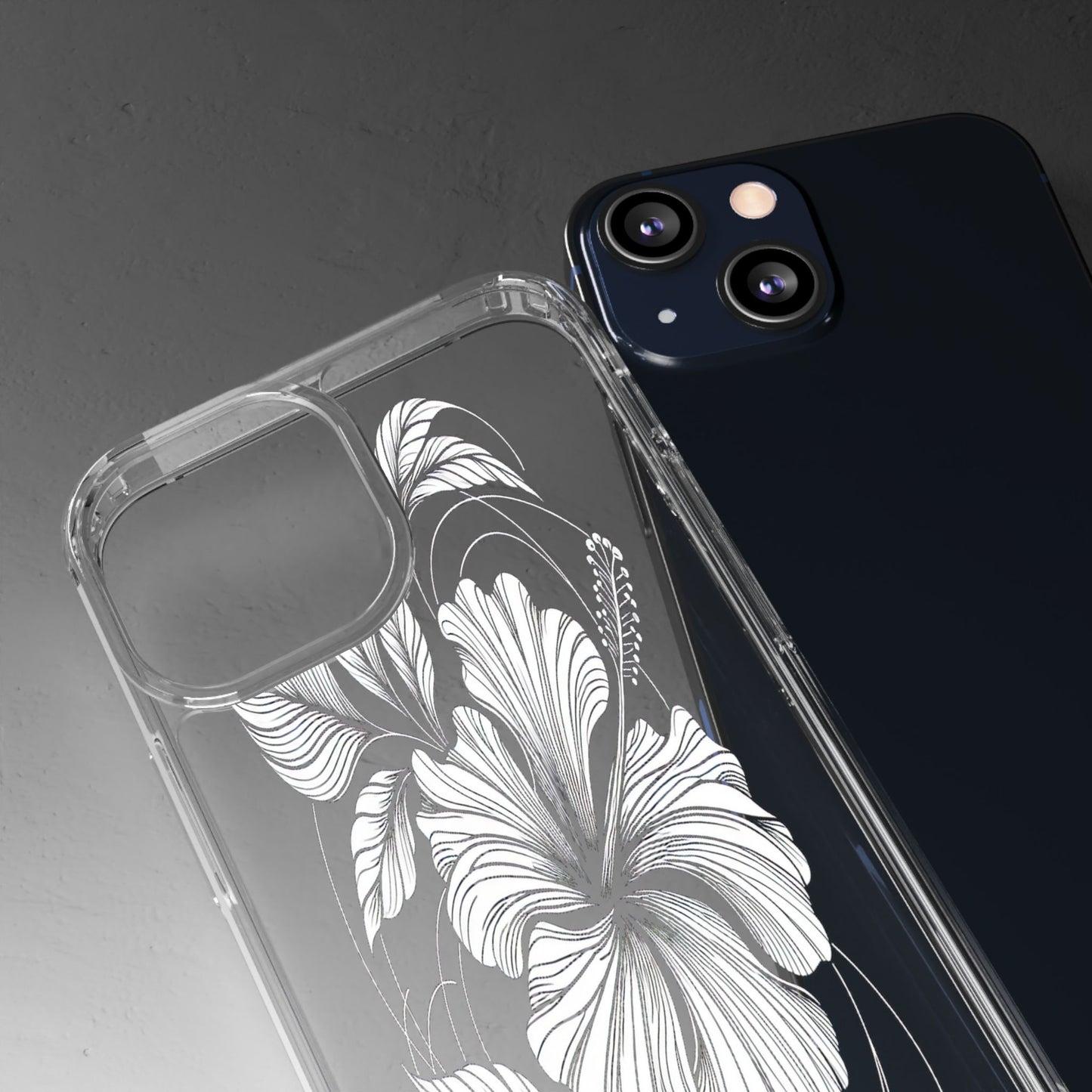 Transparent Hibiscus Design in Black and White Iphone Case Compatible With Iphone 16 15 14 - Clear Phone Cover