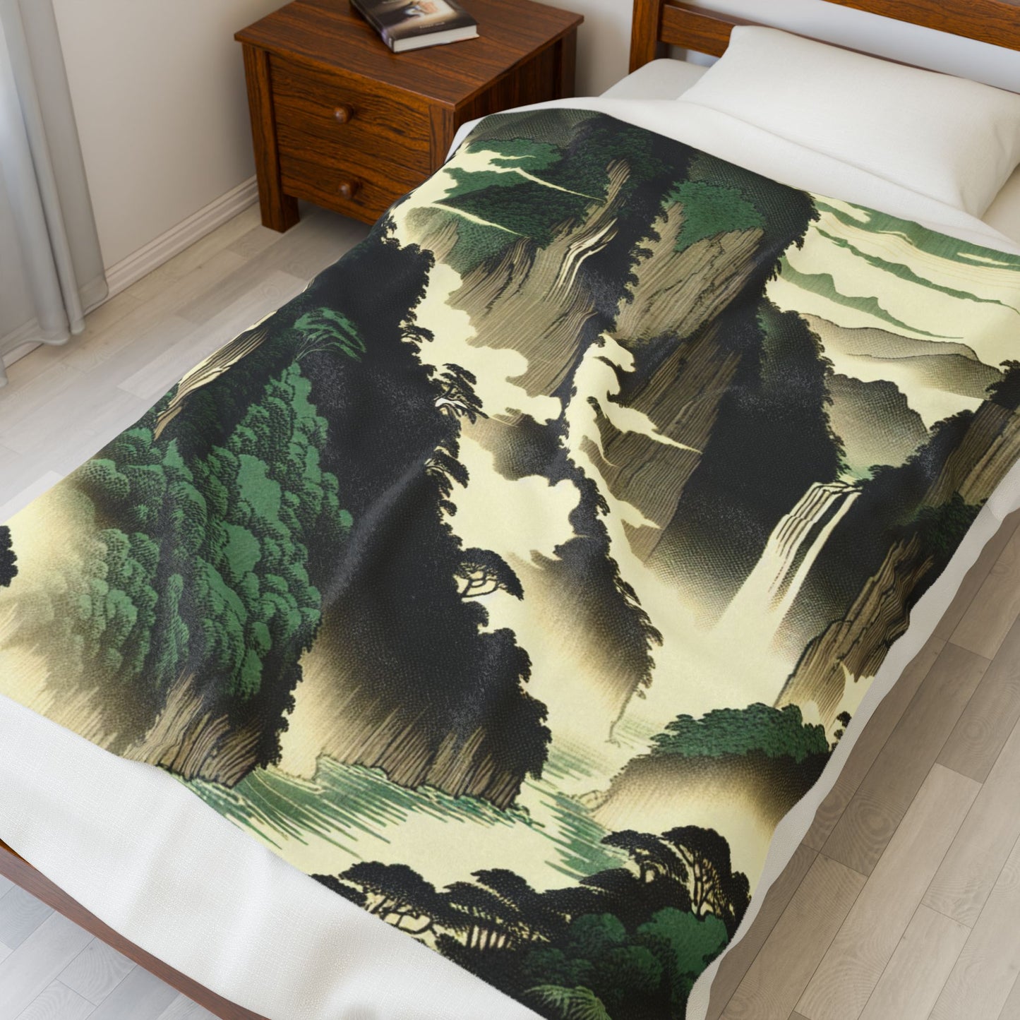 Majestic Cliffs and Waterfall Scene - Plush Blanket