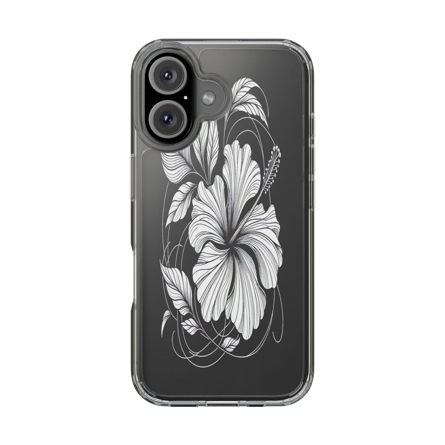 Transparent Hibiscus Design in Black and White Iphone Case Compatible With Iphone 16 15 14 - Clear Phone Cover