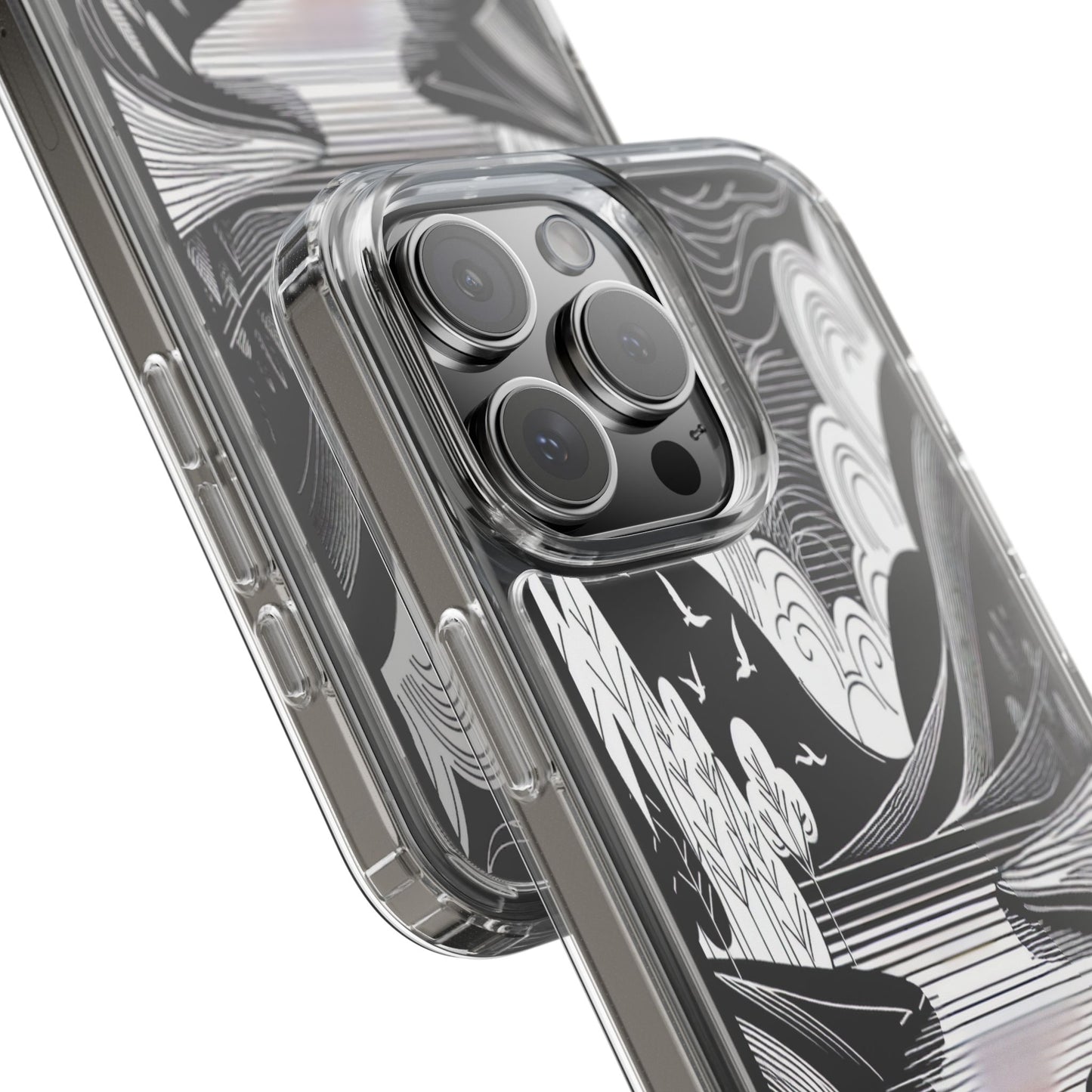 Transparent Black and White Landscape Illustration Iphone Case Compatible With Iphone 16 15 14 - Clear Phone Cover