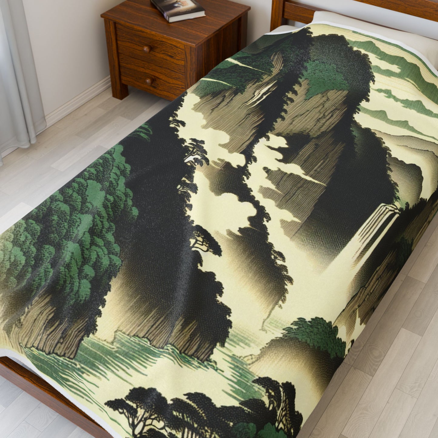 Majestic Cliffs and Waterfall Scene - Plush Blanket