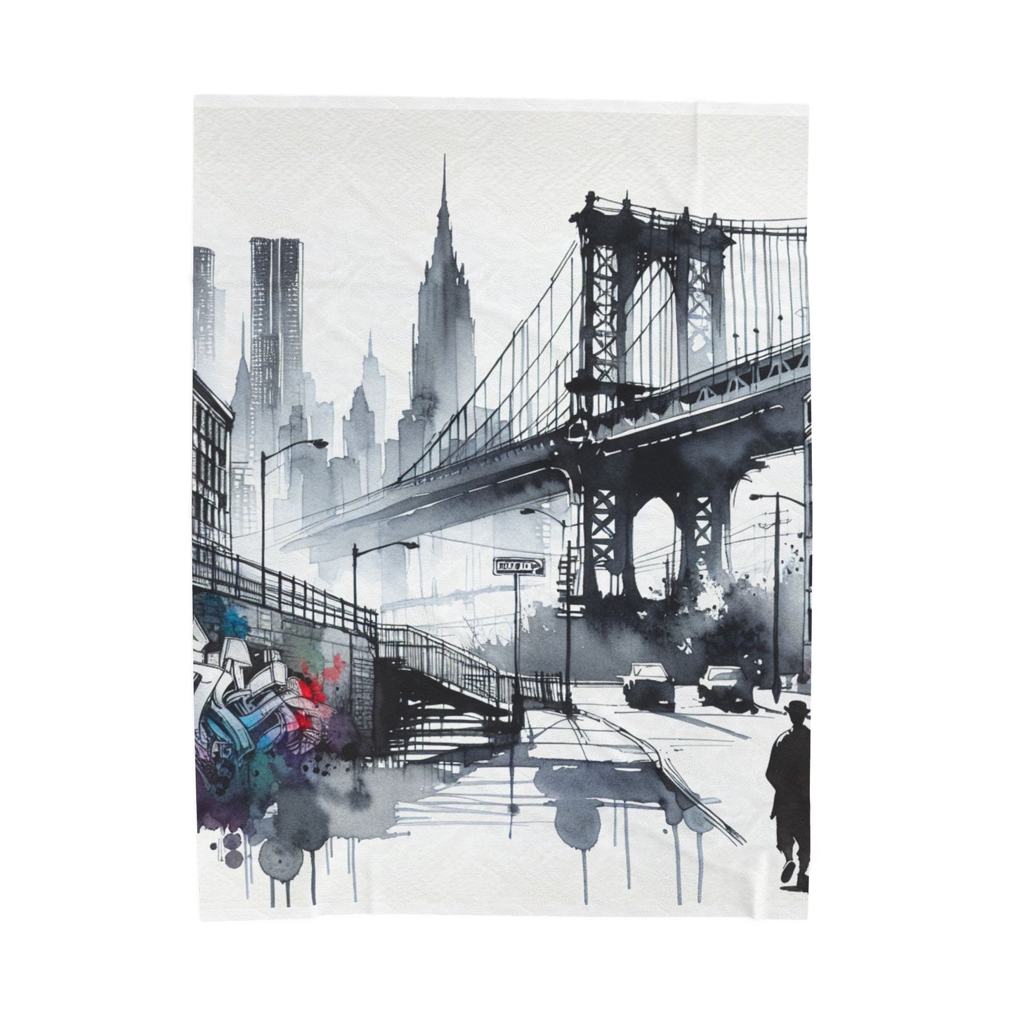 Bridge and Cityscape in Ink and Paint - Plush Blanket