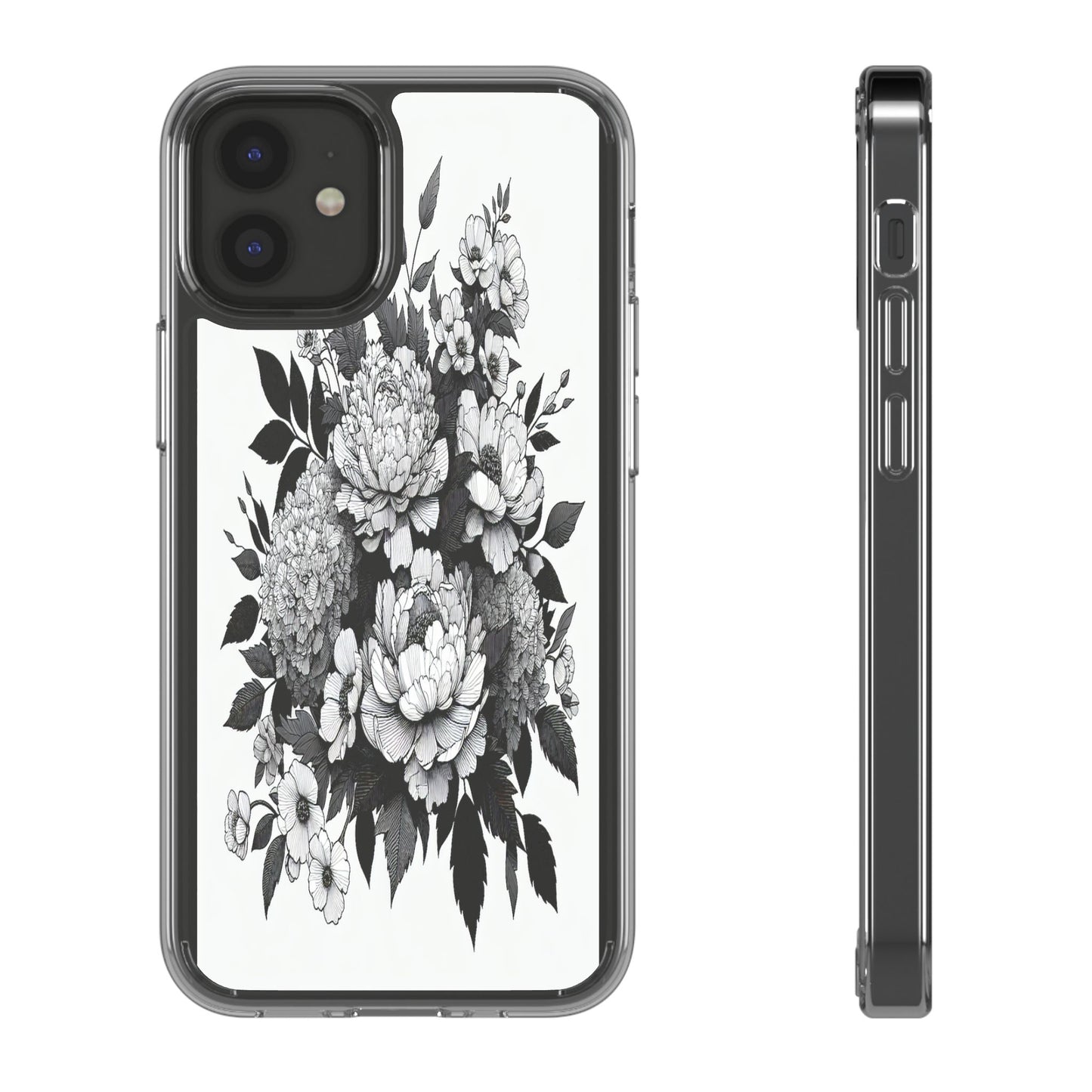 Transparent Floral Arrangement in Black and White Iphone Case Compatible With Iphone 16 15 14 - Clear Phone Cover