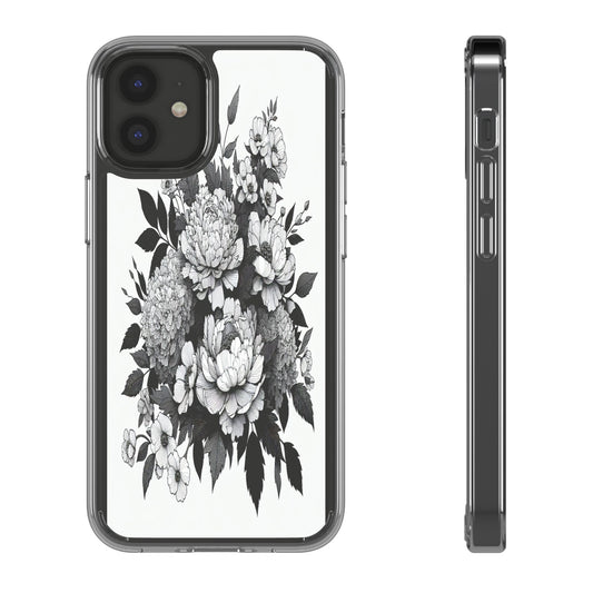 Transparent Floral Arrangement in Black and White Iphone Case Compatible With Iphone 16 15 14 - Clear Phone Cover