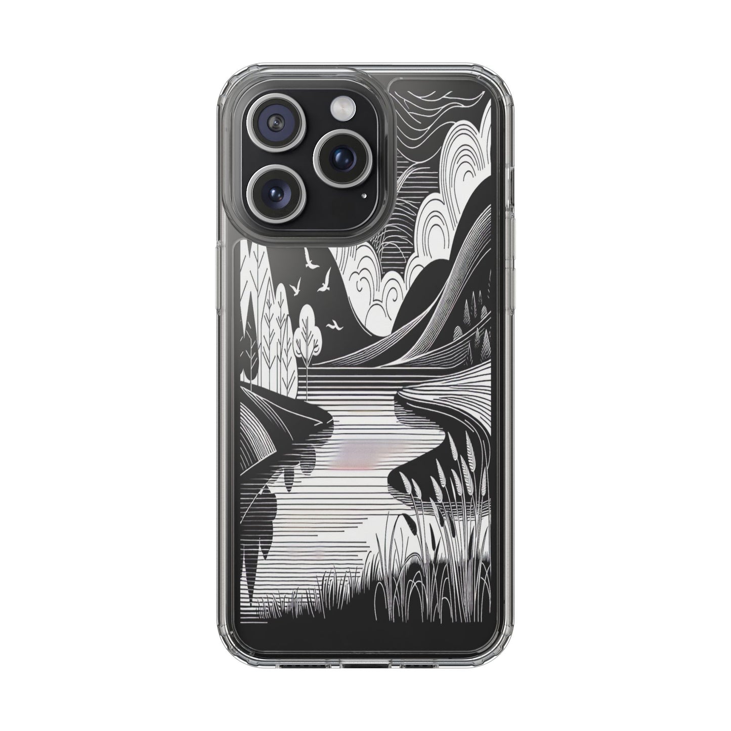 Transparent Black and White Landscape Illustration Iphone Case Compatible With Iphone 16 15 14 - Clear Phone Cover