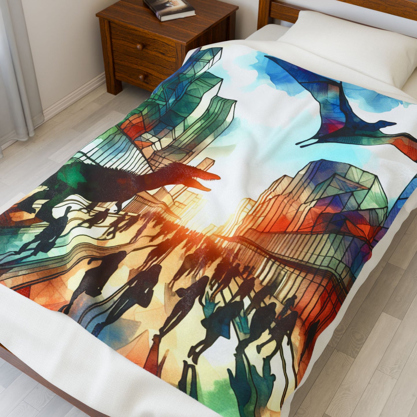 Dinosaurs Roam the Modern Streets - Plush Blanket