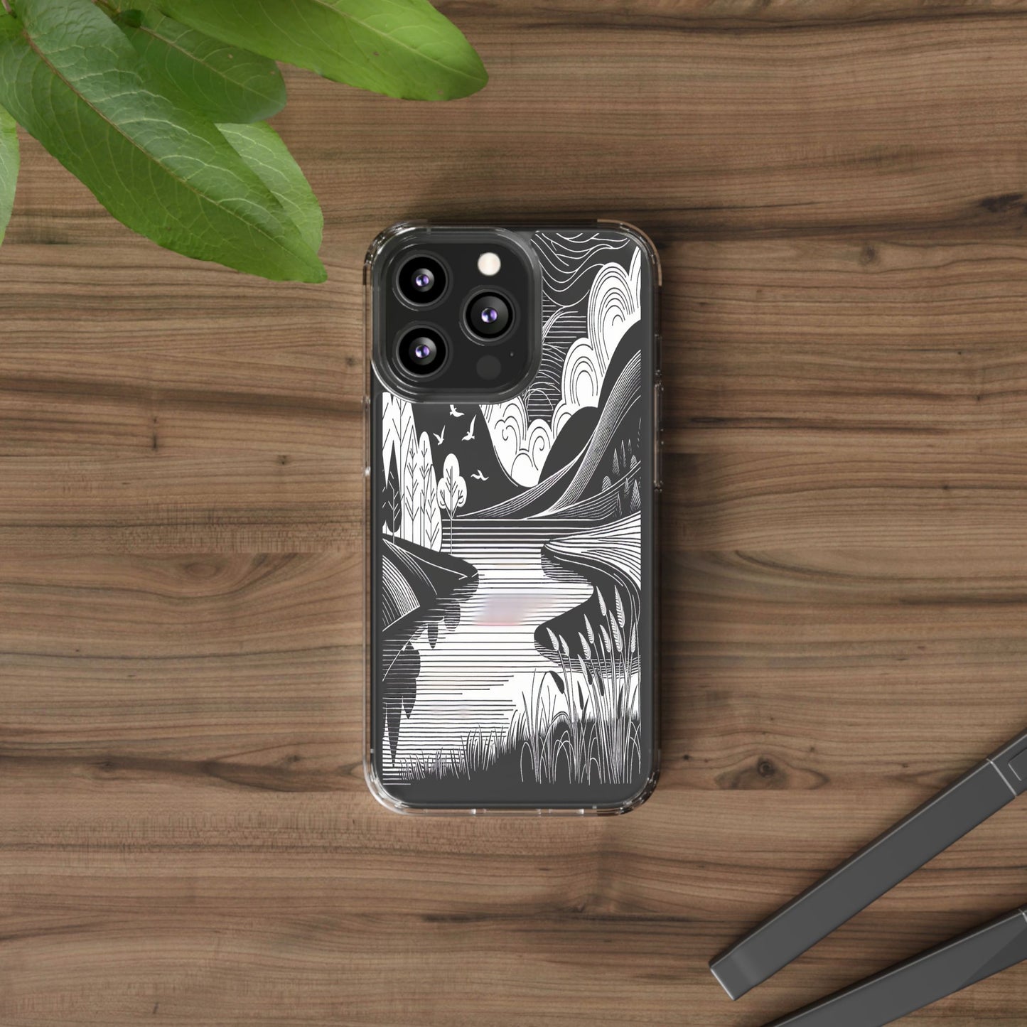 Transparent Black and White Landscape Illustration Iphone Case Compatible With Iphone 16 15 14 - Clear Phone Cover