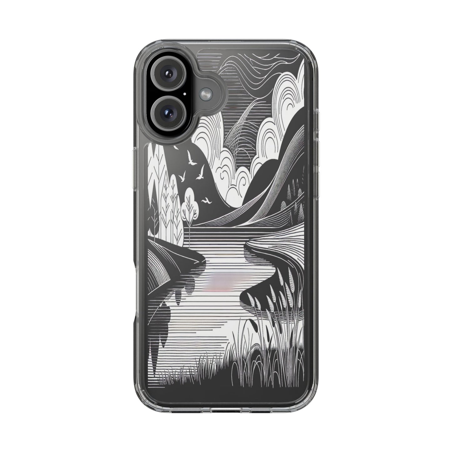 Transparent Black and White Landscape Illustration Iphone Case Compatible With Iphone 16 15 14 - Clear Phone Cover