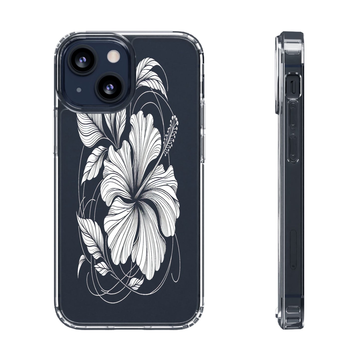 Transparent Hibiscus Design in Black and White Iphone Case Compatible With Iphone 16 15 14 - Clear Phone Cover