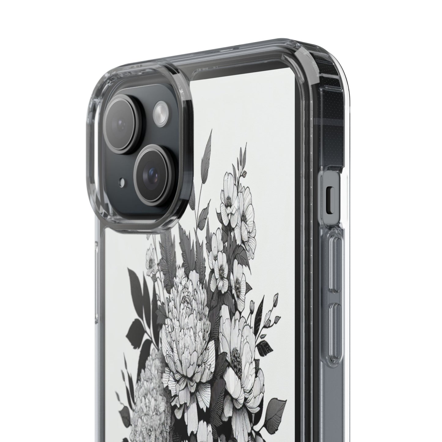 Transparent Floral Arrangement in Black and White Iphone Case Compatible With Iphone 16 15 14 - Clear Phone Cover