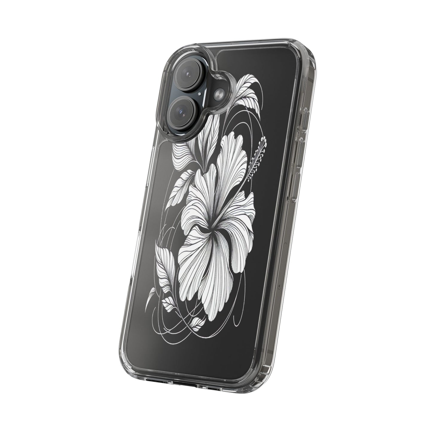 Transparent Hibiscus Design in Black and White Iphone Case Compatible With Iphone 16 15 14 - Clear Phone Cover