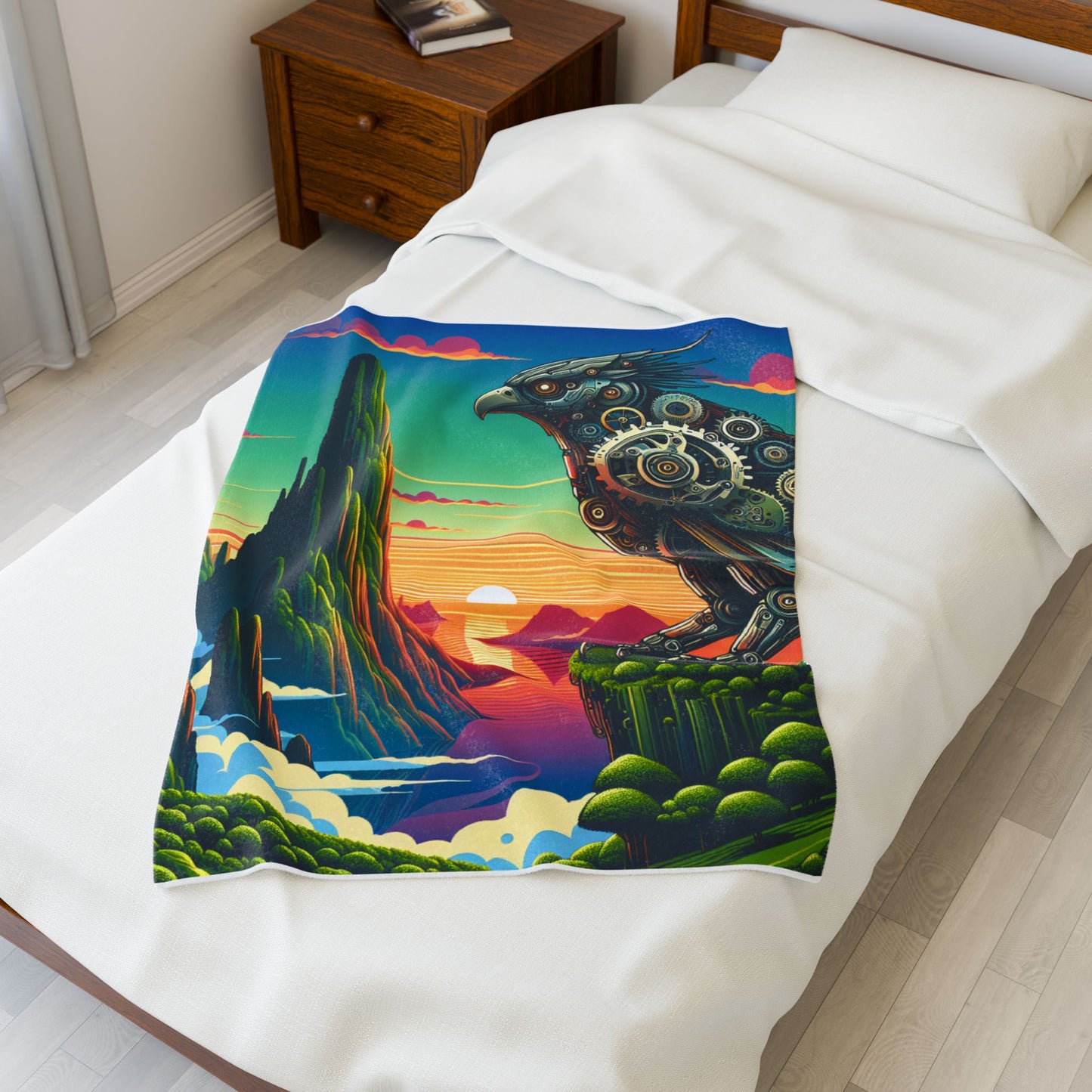 Mechanical Sentinel in a Fantasy Realm - Plush Blanket