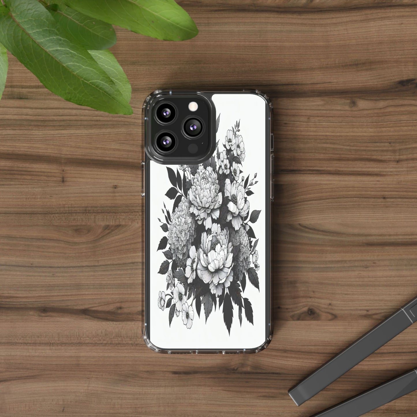 Transparent Floral Arrangement in Black and White Iphone Case Compatible With Iphone 16 15 14 - Clear Phone Cover