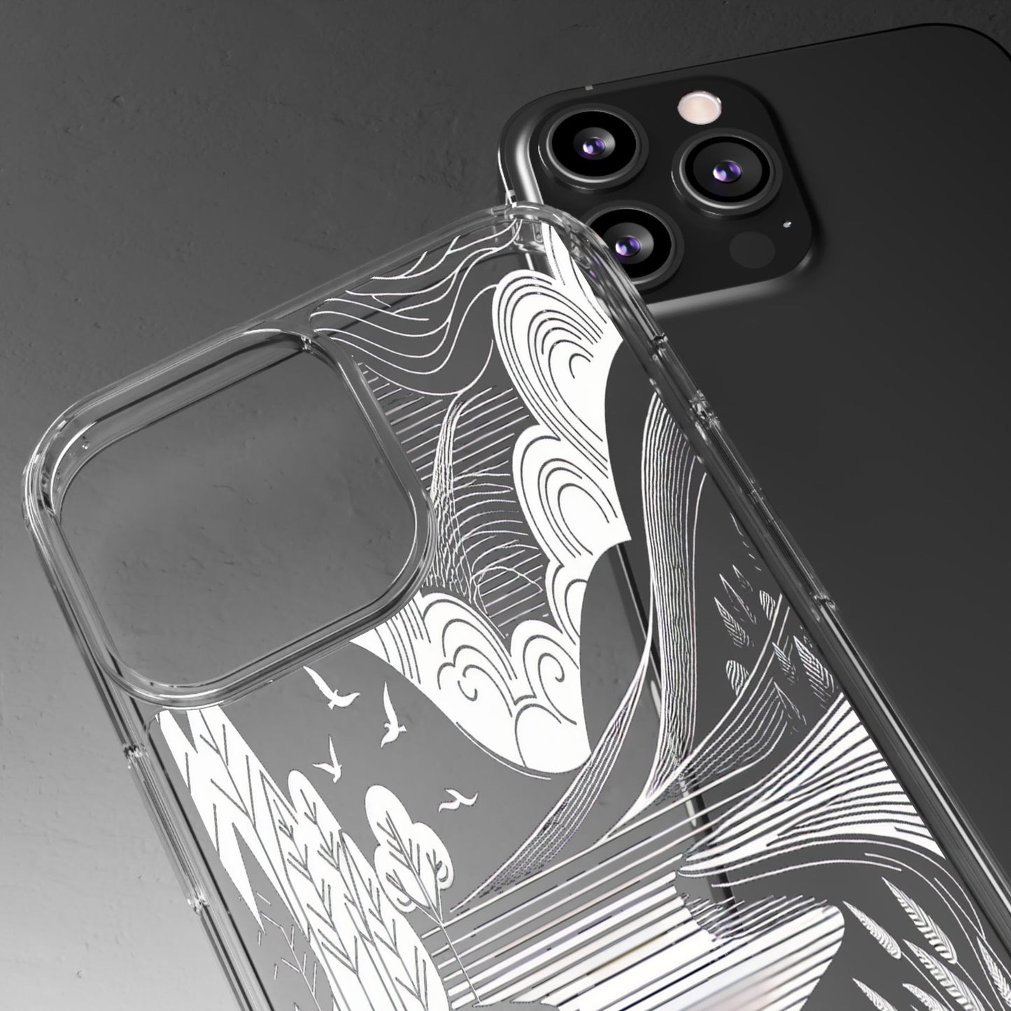 Transparent Black and White Landscape Illustration Iphone Case Compatible With Iphone 16 15 14 - Clear Phone Cover