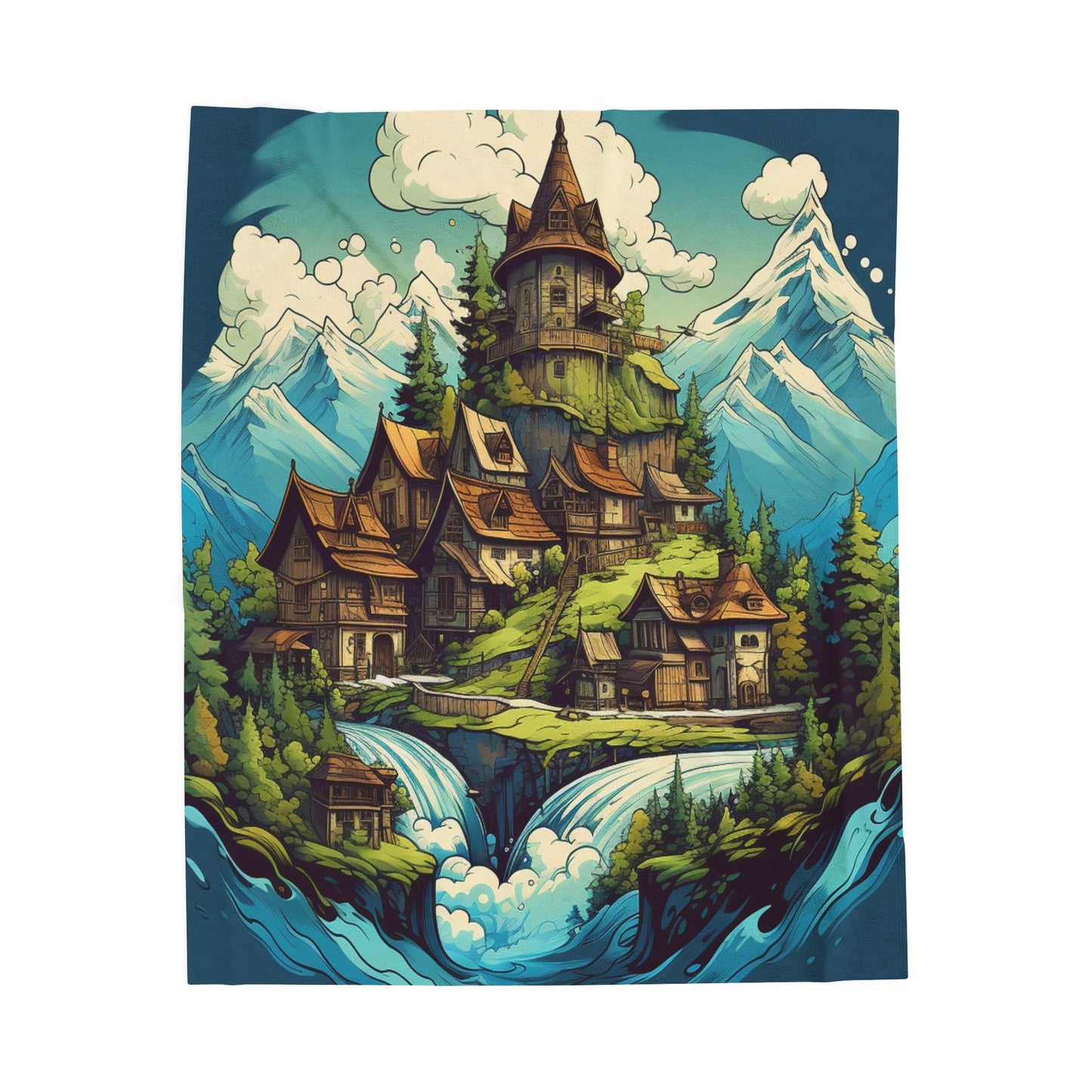 Enchanted Mountain Village Fantasy- Plush Blanket