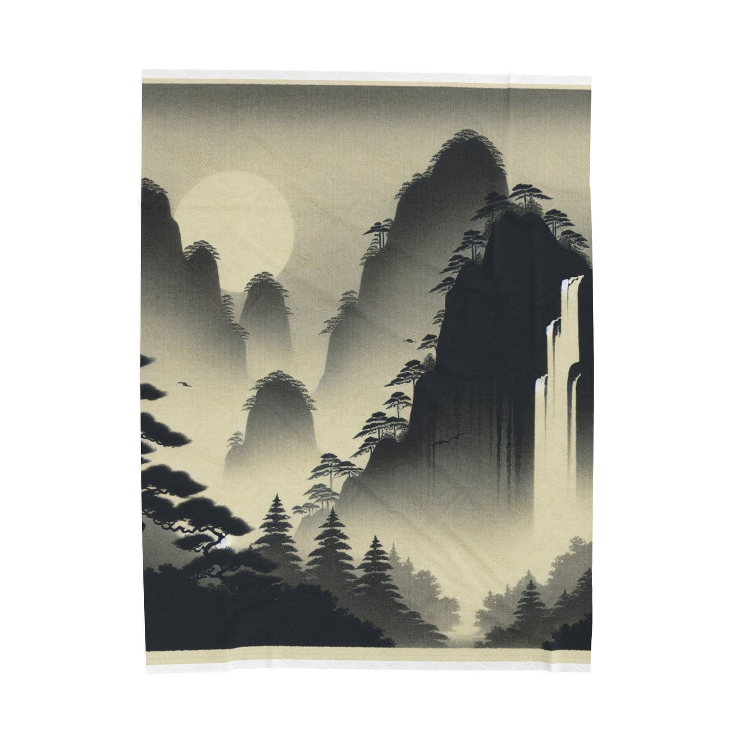 Mystical Peaks and Waterfall Scene - Plush Blanket