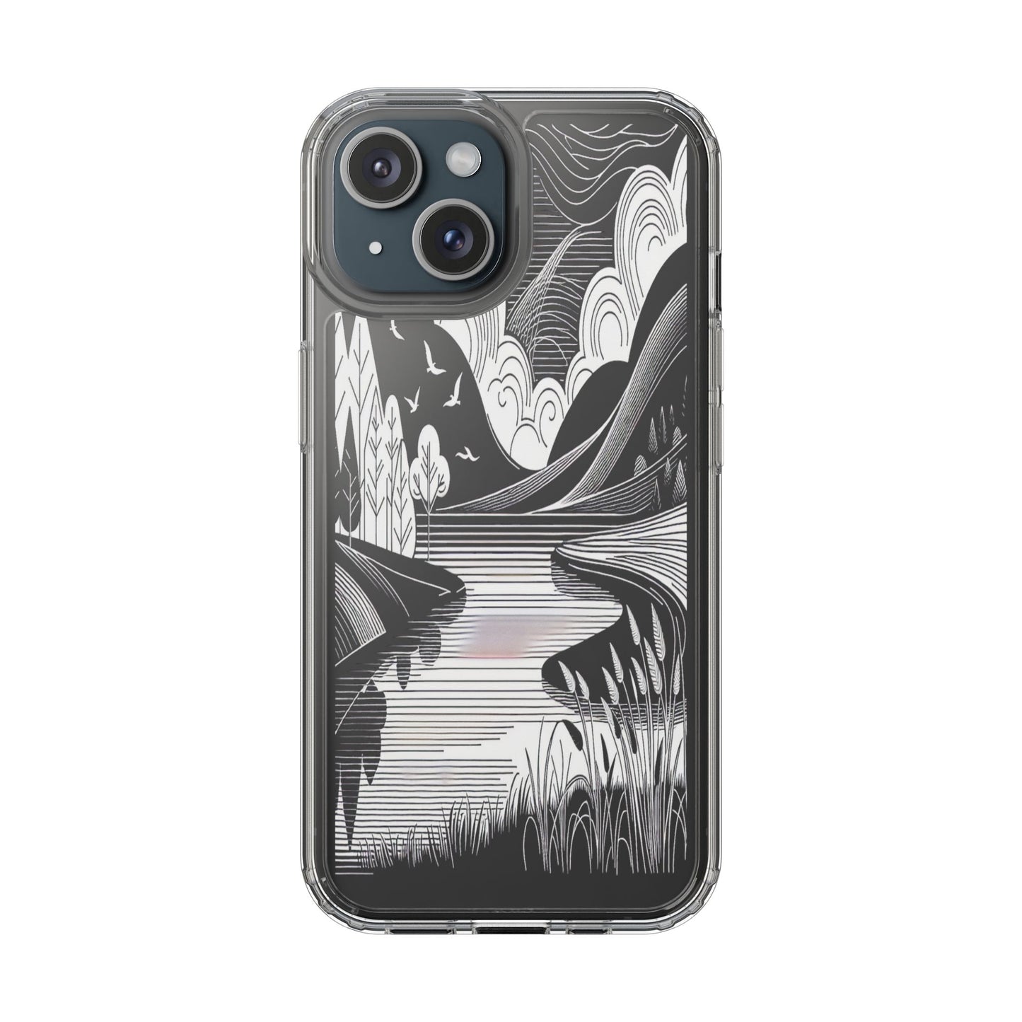 Transparent Black and White Landscape Illustration Iphone Case Compatible With Iphone 16 15 14 - Clear Phone Cover