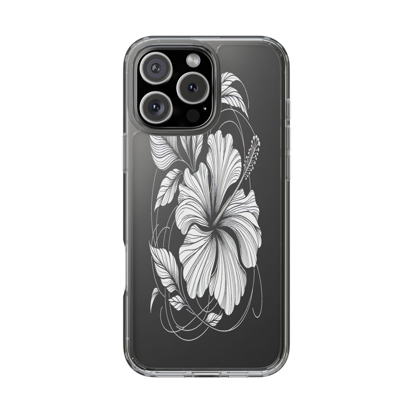 Transparent Hibiscus Design in Black and White Iphone Case Compatible With Iphone 16 15 14 - Clear Phone Cover